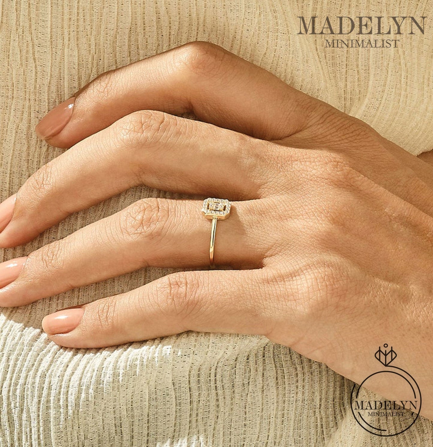 MADELYN MINIMALIST 14k Solid Gold Minimalist Baguette Pave Engagement Ring for Women | Gift For Her
