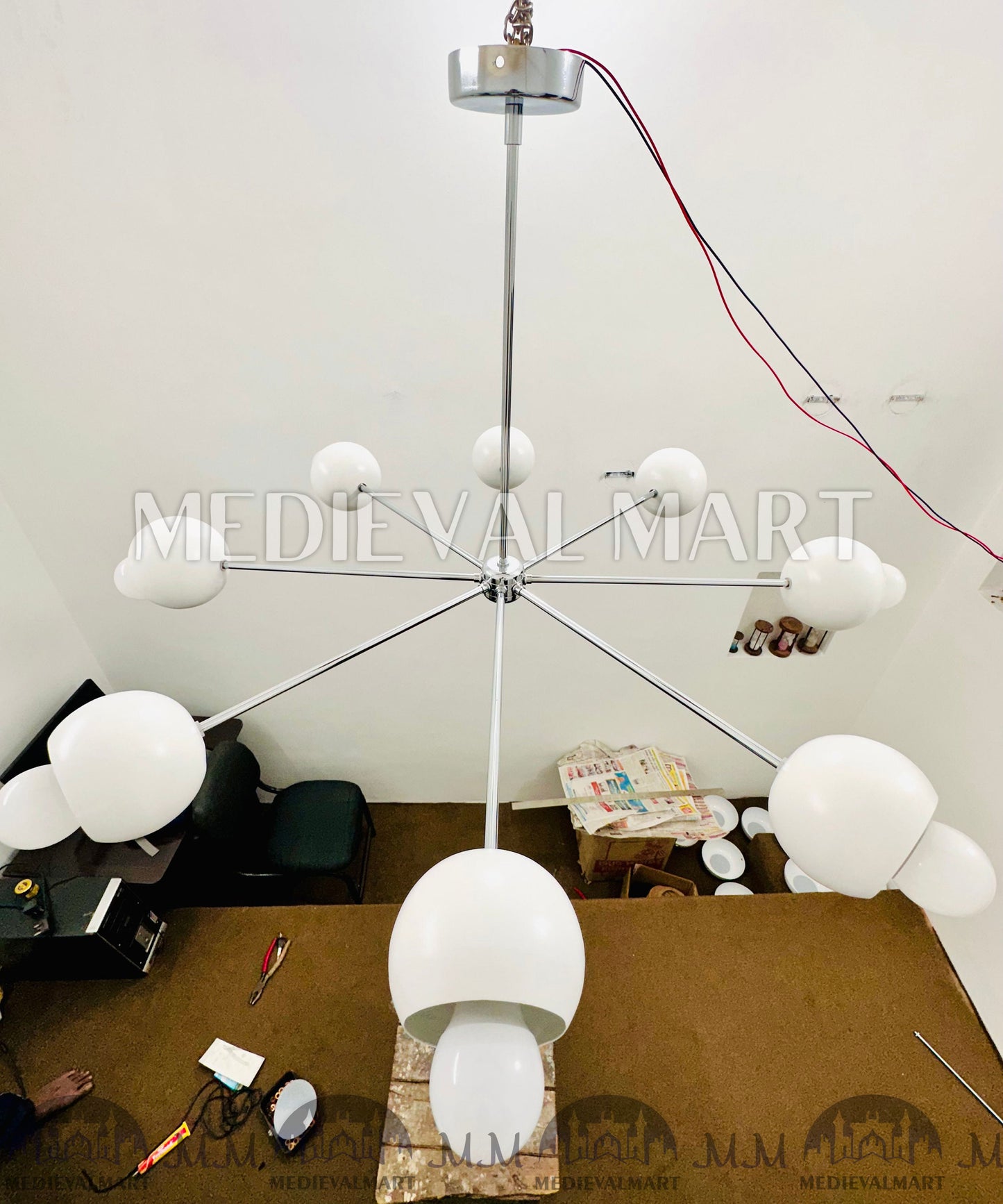 MEDIEVALMART Modern Brass Chandelier 8 White Round Shades Chrome Finish