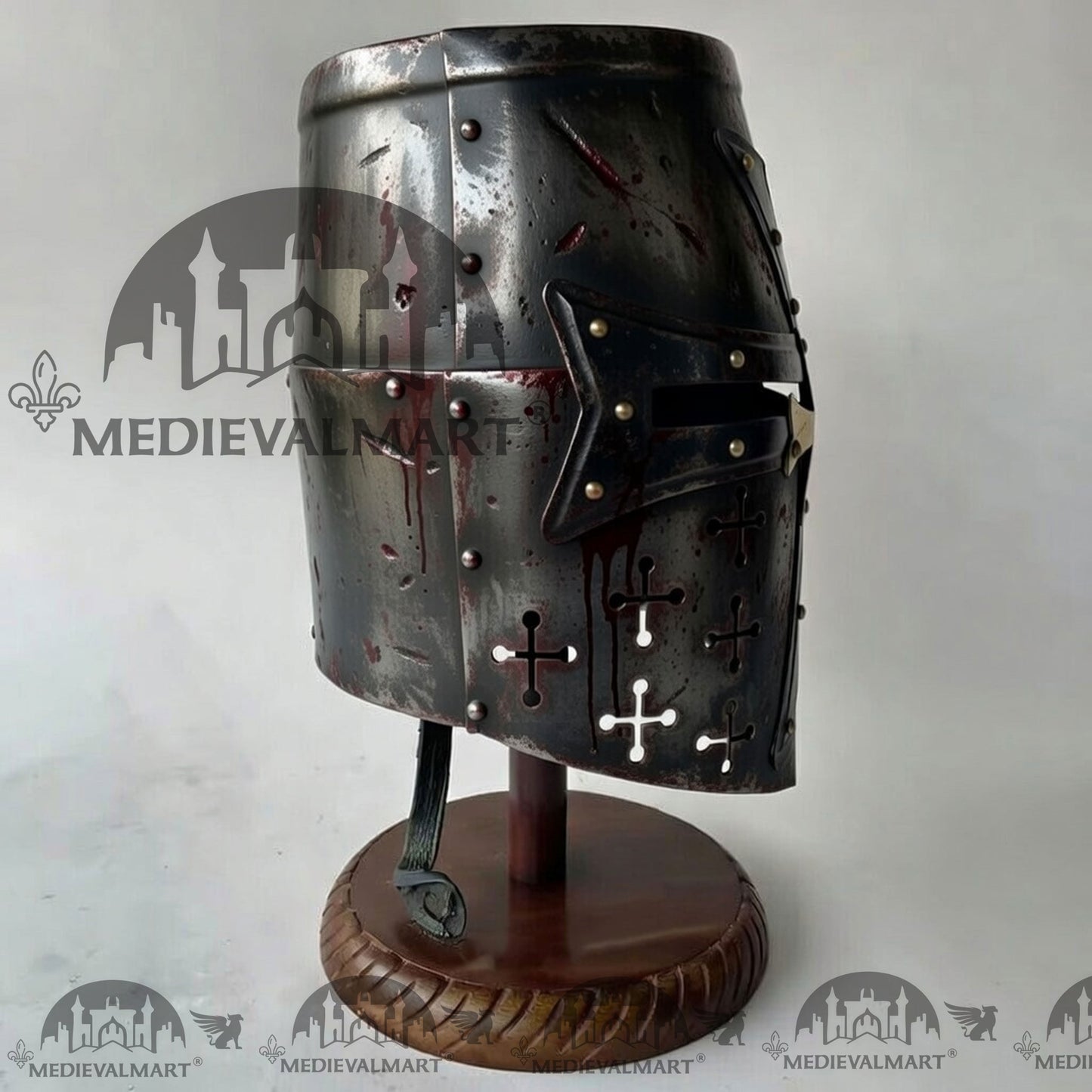 MEDIEVALMART Special Templar Crusader Knight Damage Black W/H Blood Finish Helmet W/H Free Stand