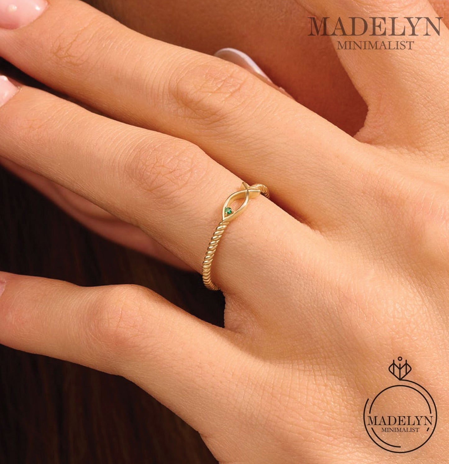 MADELYN MINIMALIST 14k Solid Gold Ichthus Ring, Dainty Christian Ring, Tiny Emerald Ring | Gift for Mom, Grandma