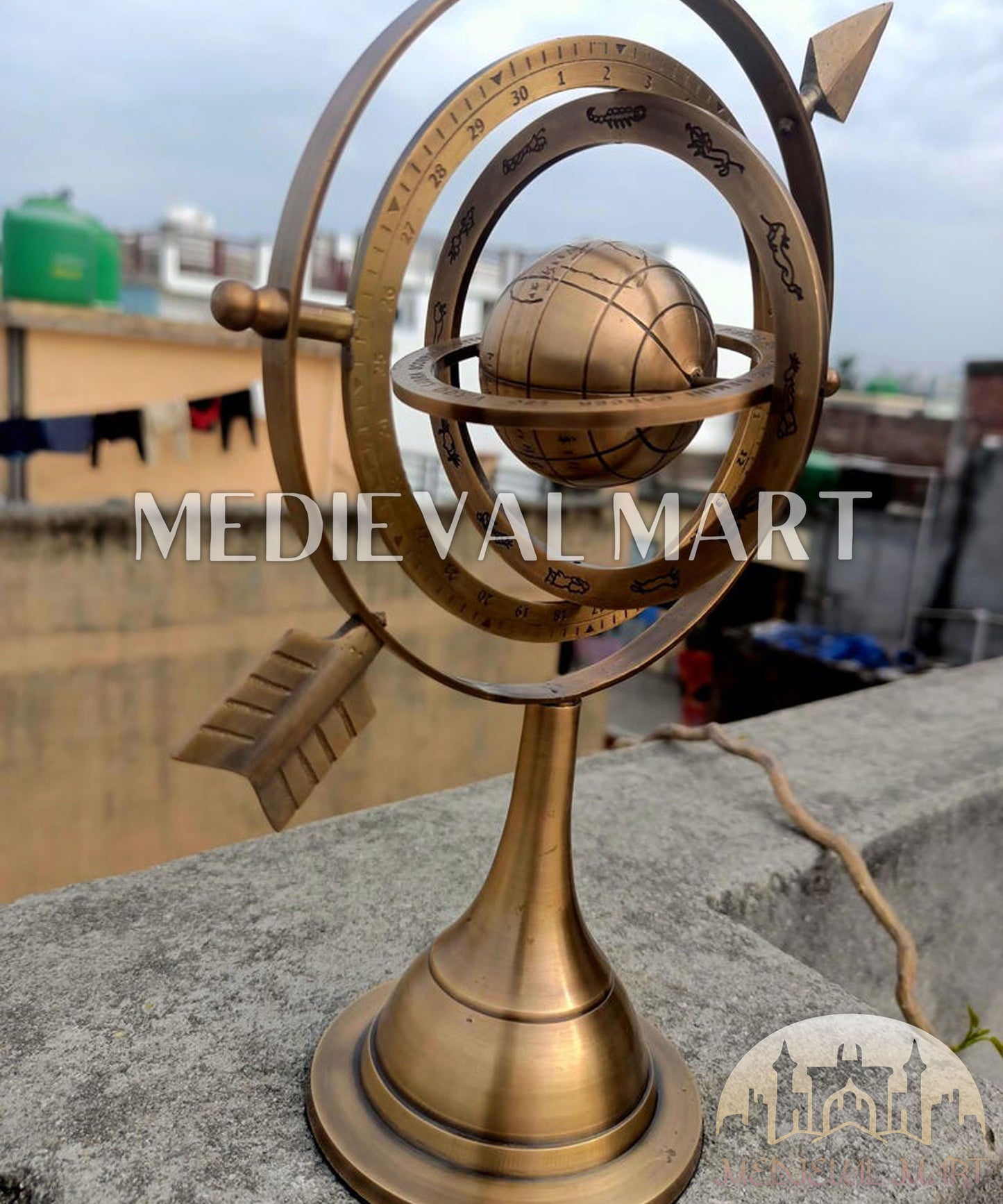 MEDIEVALMART Handmade Brass Armillary Sphere with Arrow: Nautical Astrolabe Globe Gift For Dad