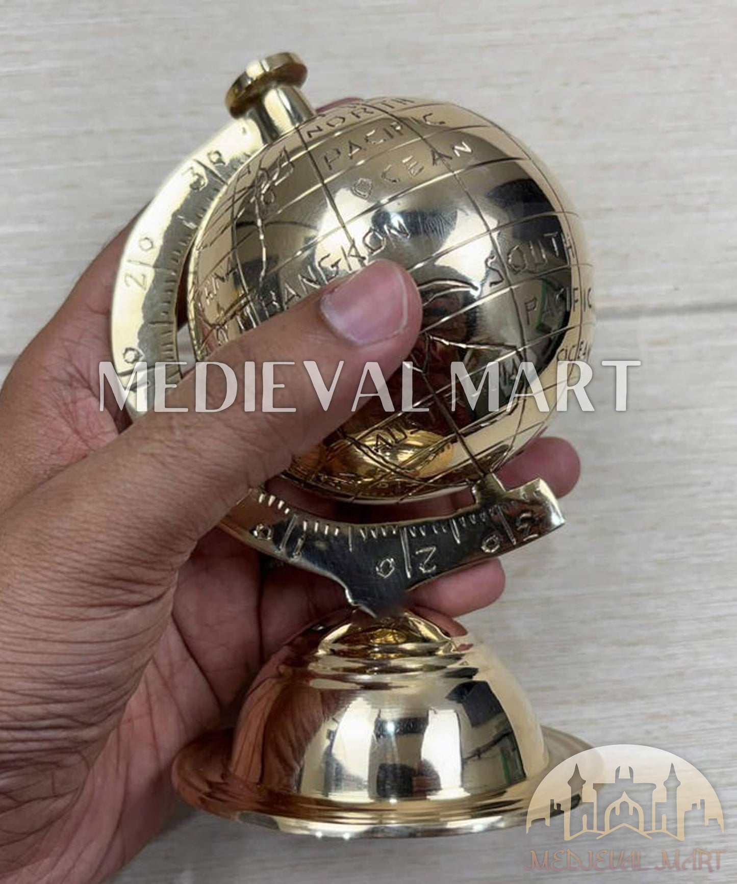 MEDIEVALMART Handmade Solid Brass World Globe: Etched Map, Rotating Desk Decor Gift for Christmas Day