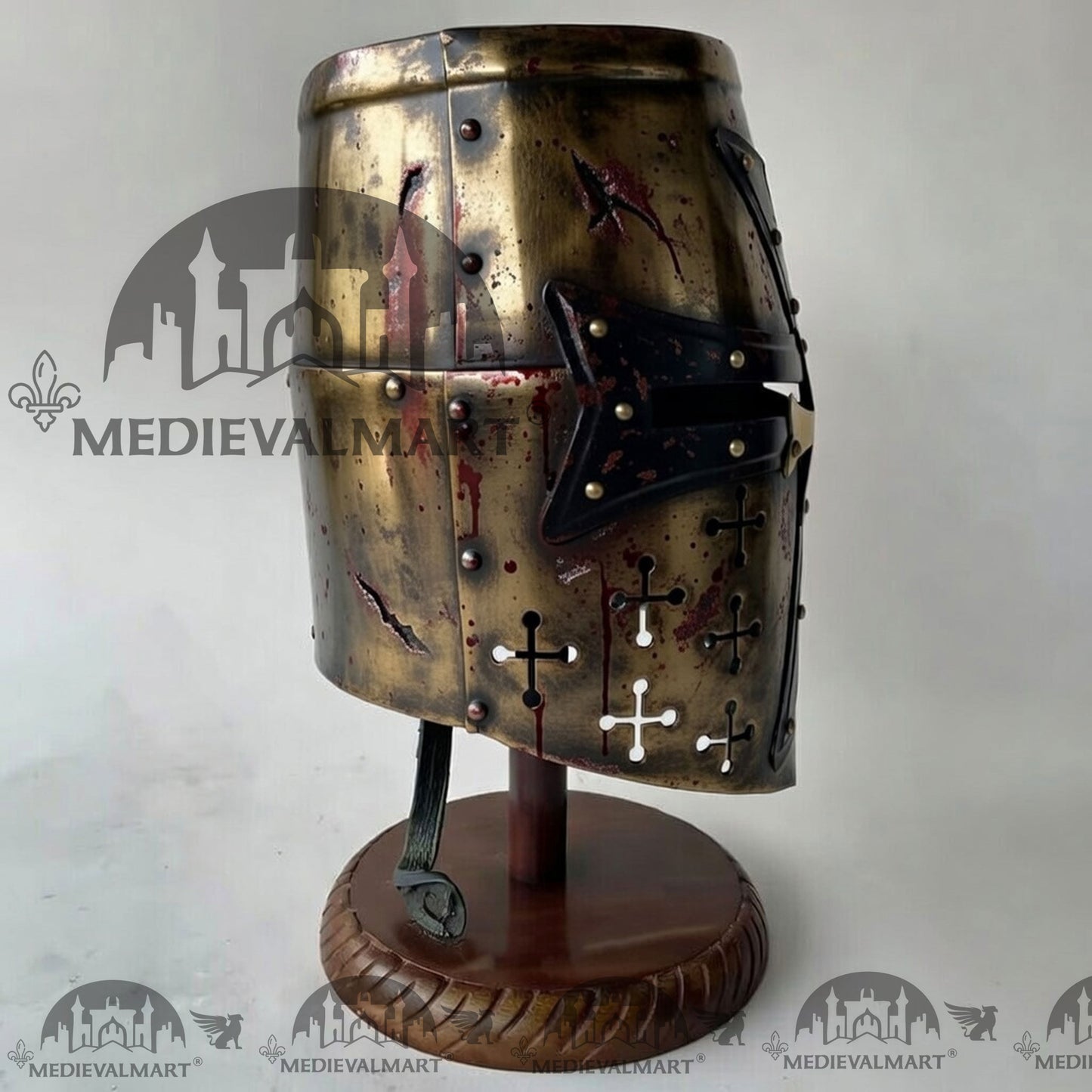 MEDIEVALMART Special Templar Crusader Knight Damage Gold W/H Blood Finish Helmet W/H Free Stand