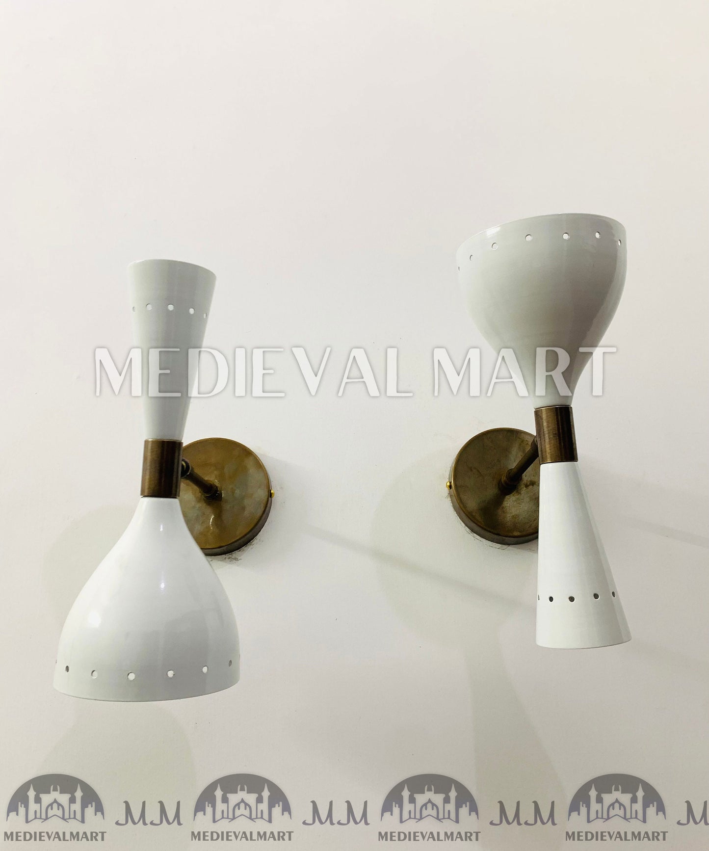 MEDIEVALMART Italian White Wall Sconce Light Pair Fixtures Mid Century Stilnovo Lamps