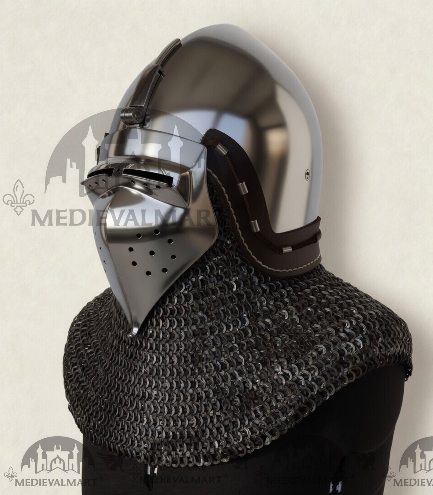 MEDIEVALMART XIV Century Medieval "The Wayward Knight" klappvisor Bascinet Helmet with Chainmail