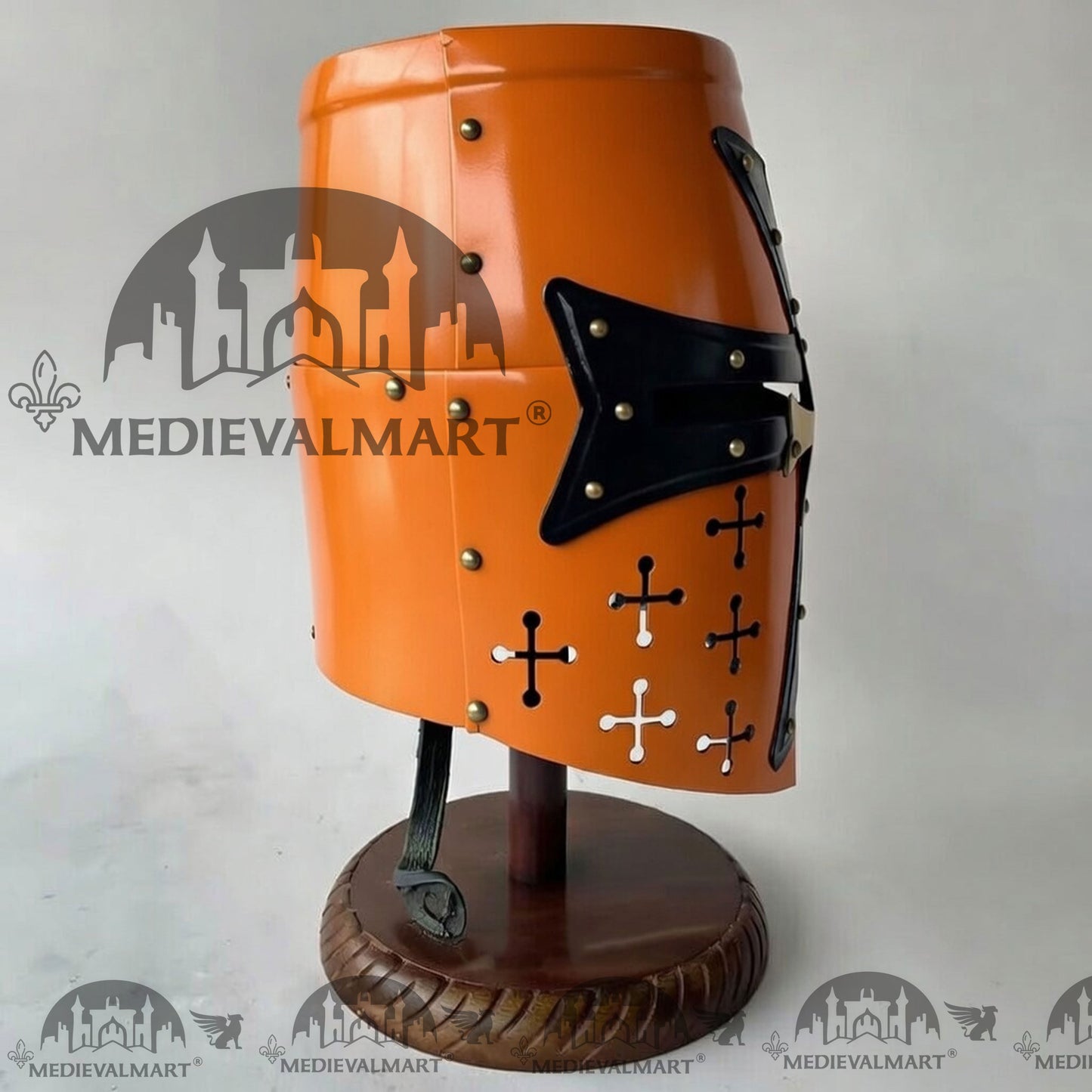 MEDIEVALMART Special Templar Crusader Knight Orange Finish Helmet W/H Free Stand