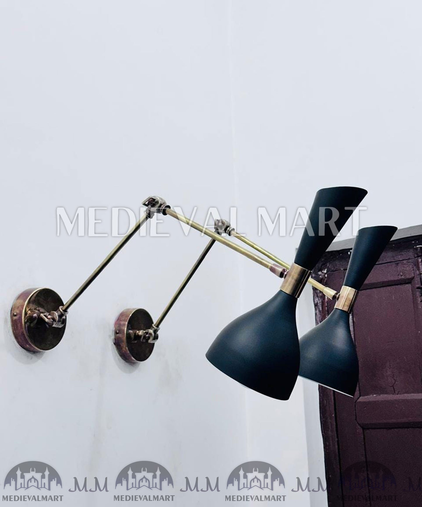 MEDIEVALMART Mid Century Italian Brass Wall Sconce Pair Adjustable Stilnovo Lighting