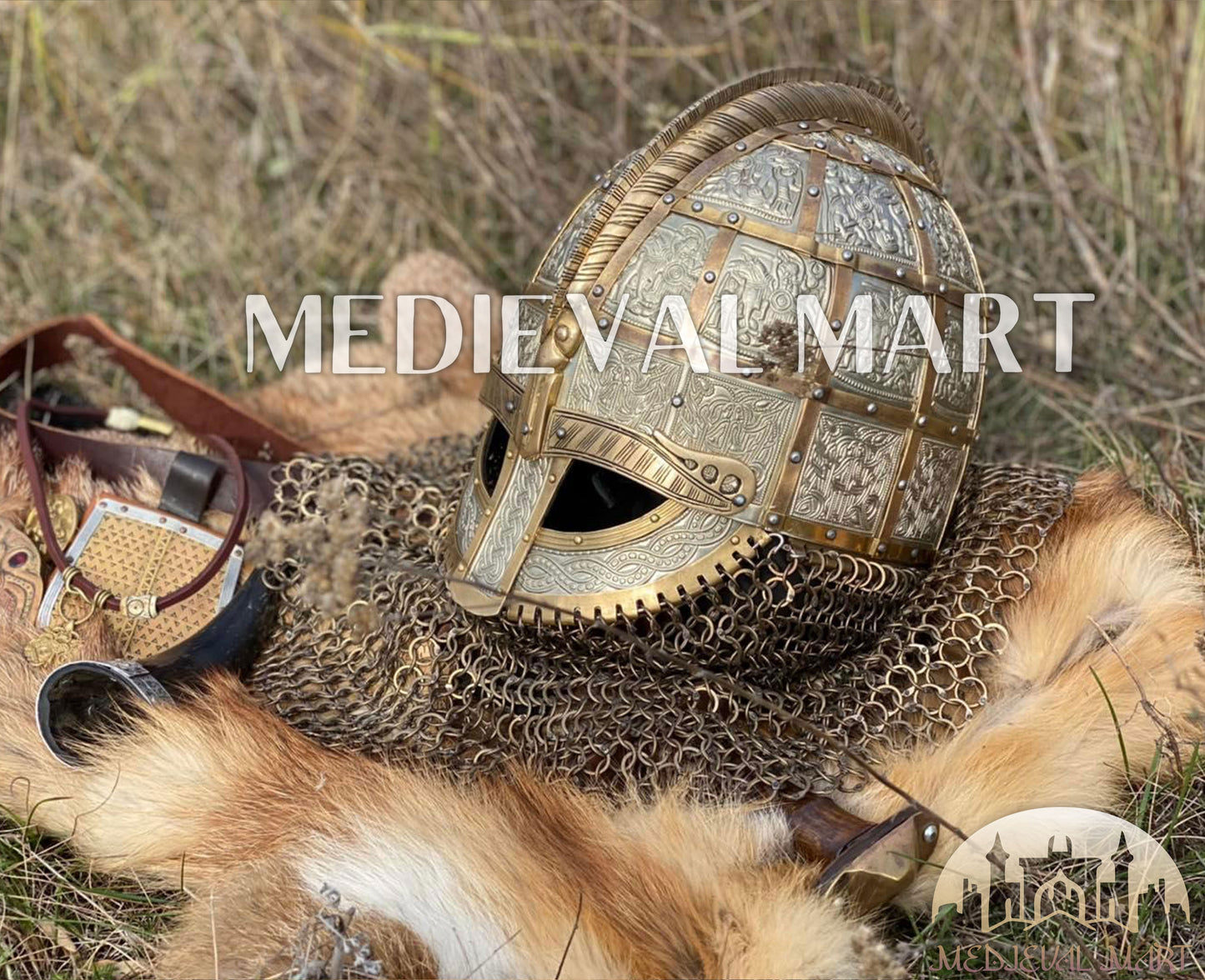 MEDIEVALMART Medieval Viking Vendel Period Broa Helmet with Bass Decoration & Titanium Chainmail