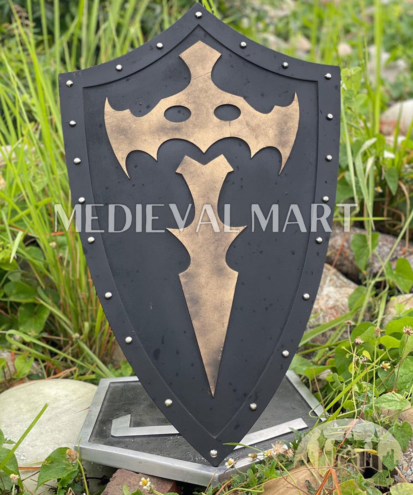 MEDIEVALMART Medieval Templar Bat Inspired Wooden Shield Black & Gold Finish | Gift for Christmas Day