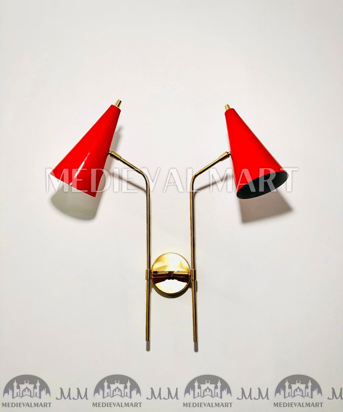 MEDIEVALMART 1900s Red Cone Brass Wall Sconce: Mid Century Italian Diabolo Light