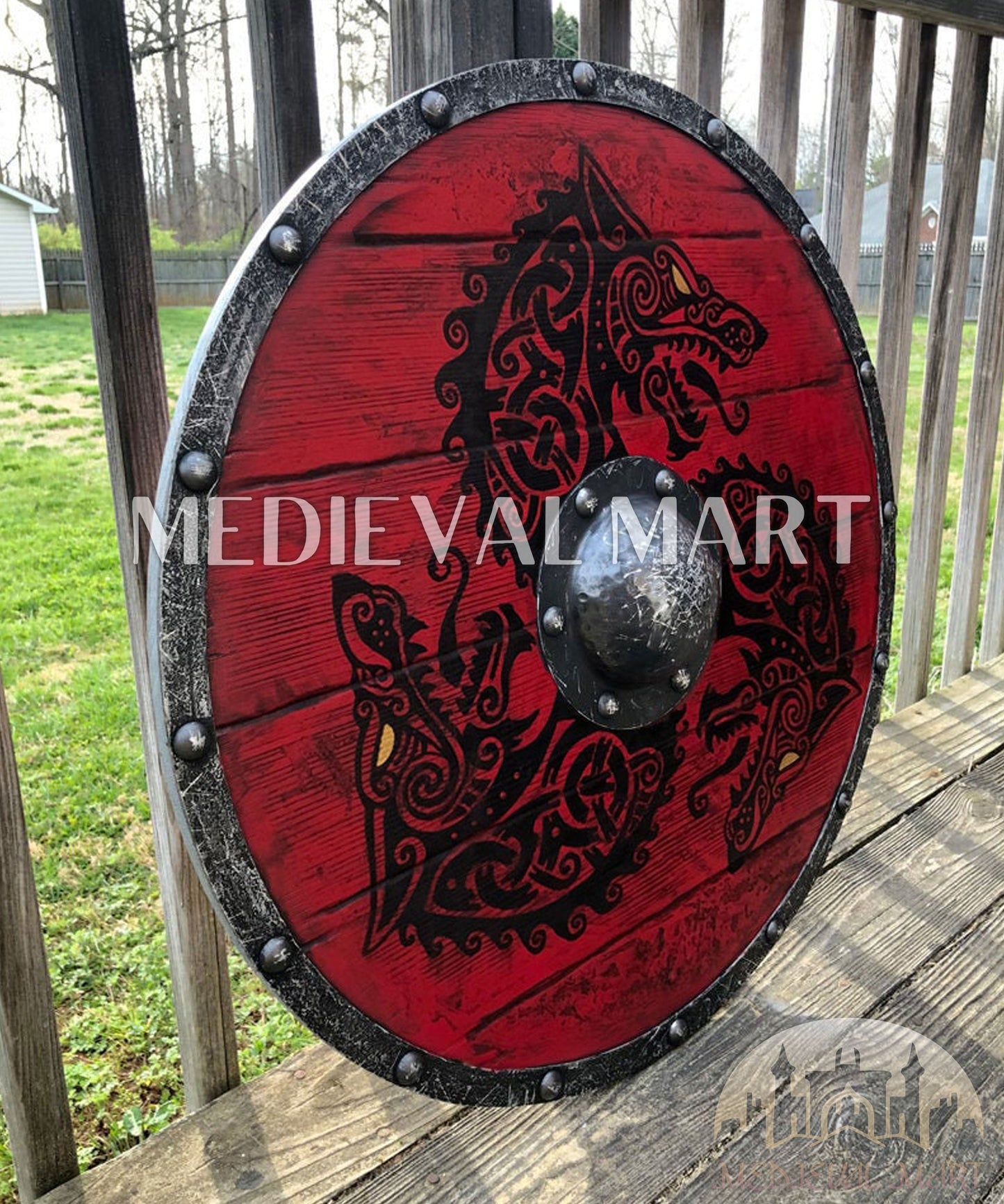 MEDIEVALMART Viking's Fenrir Red Athena’s Authentic  Battleworn Viking Wooden Shield | Gifts For Dad