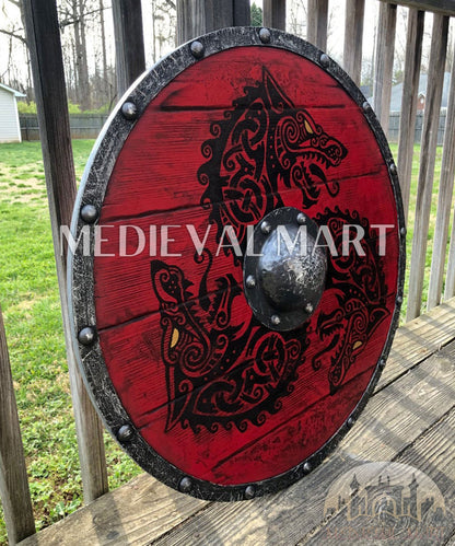 MEDIEVALMART Viking's Fenrir Red Athena’s Authentic  Battleworn Viking Wooden Shield | Gifts For Dad