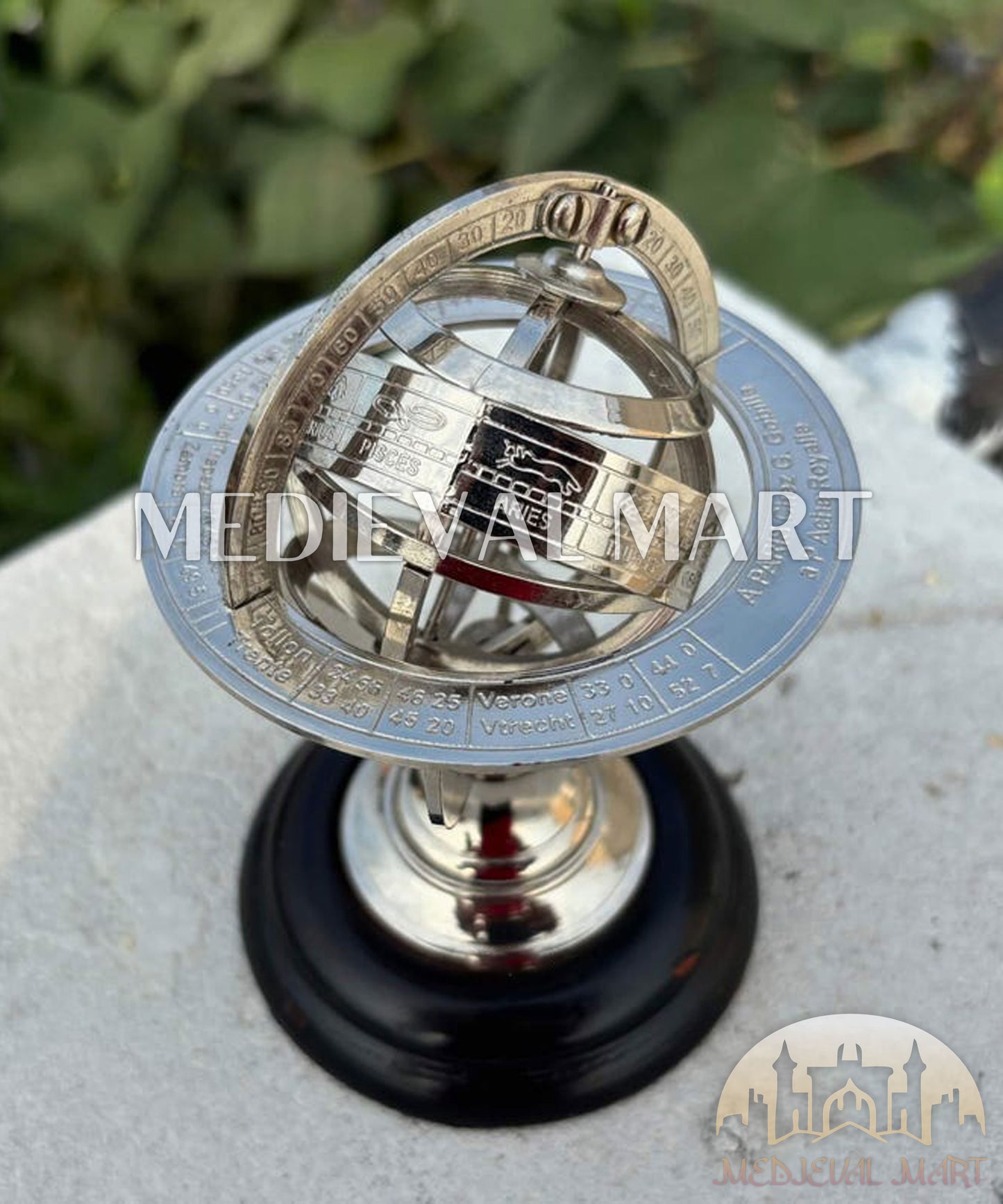 MEDIEVALMART Handmade Nickel Brass Celestial Globe: Zodiac Armillary Sphere on Wood Base Gift for Mom