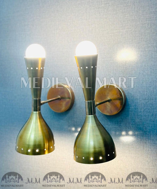MEDIEVALMART Mid Century Brass Diabolo Wall Sconce Pair: Italian Style Lighting