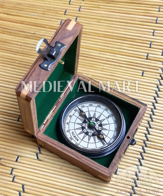 MEDIEVALMART Nautical Engrave Adventure Compass Black Finish W/H Gen-1 Wooden Case | Gift For Him