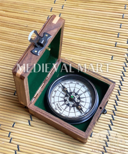 MEDIEVALMART Nautical Engrave Adventure Compass Black Finish W/H Gen-1 Wooden Case | Gift For Him