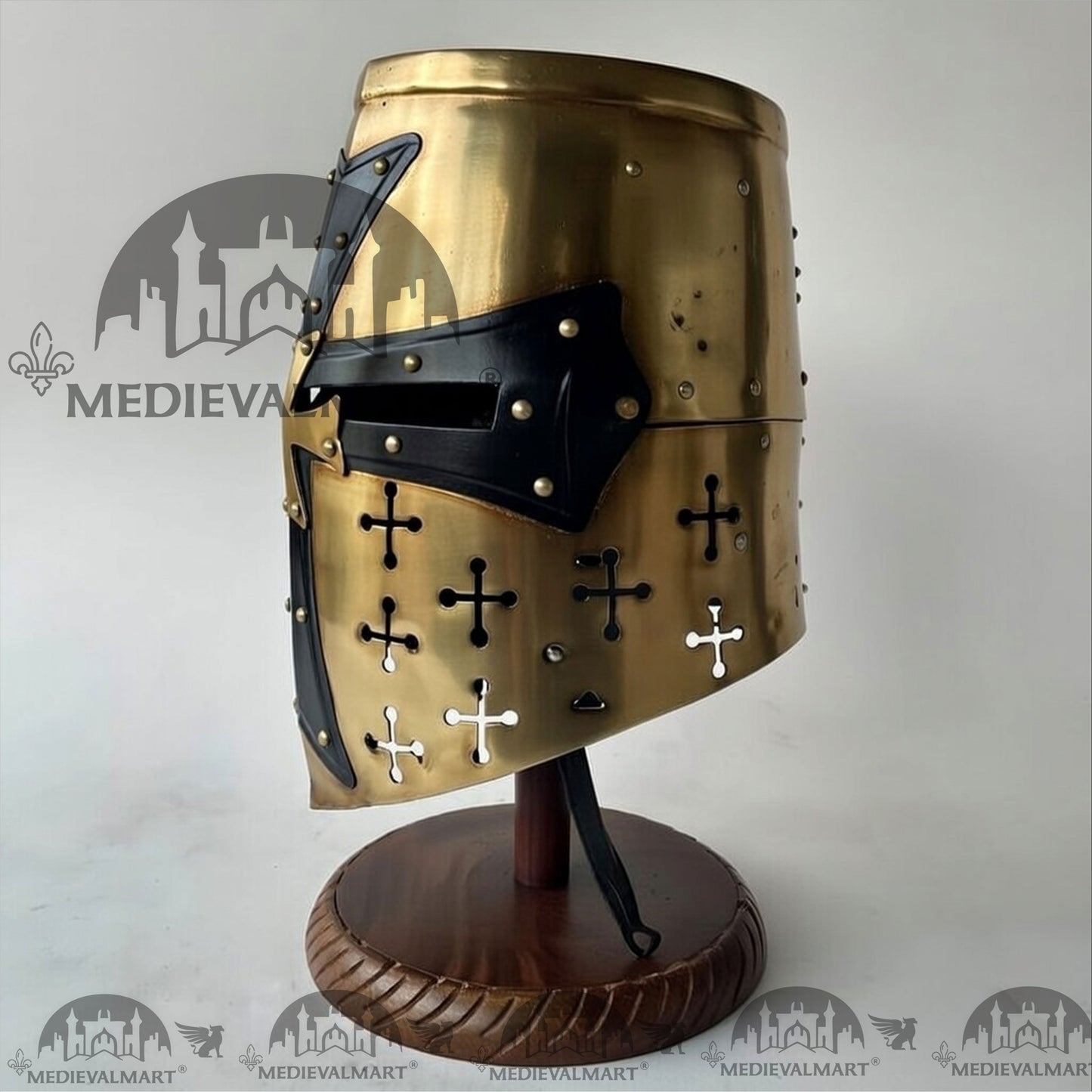 MEDIEVALMART Special Templar Crusader Knight Gold Finish Helmet W/H Free Stand