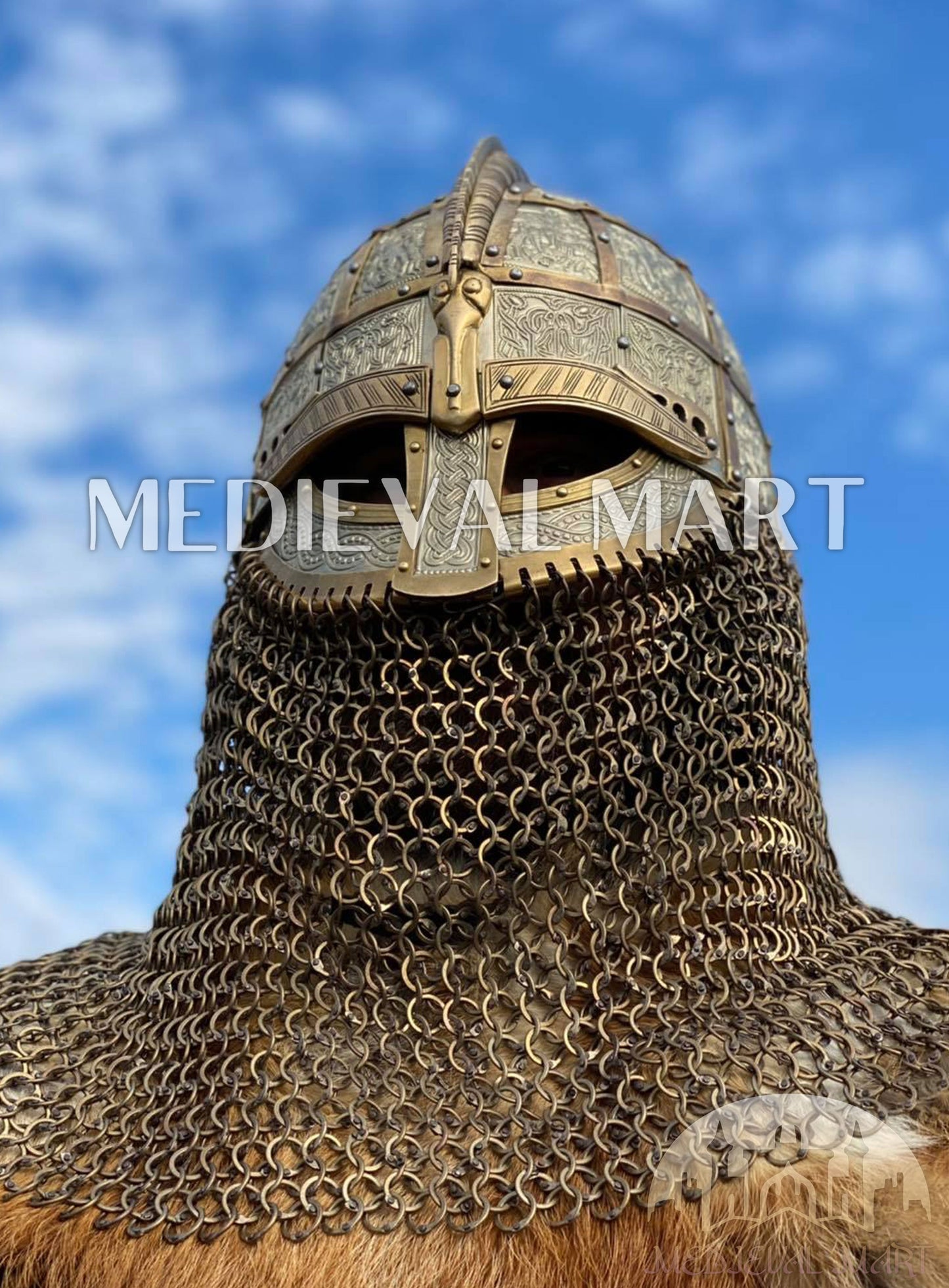 MEDIEVALMART Medieval Viking Vendel Period Broa Helmet with Brass Decoration & Titanium Chainmail