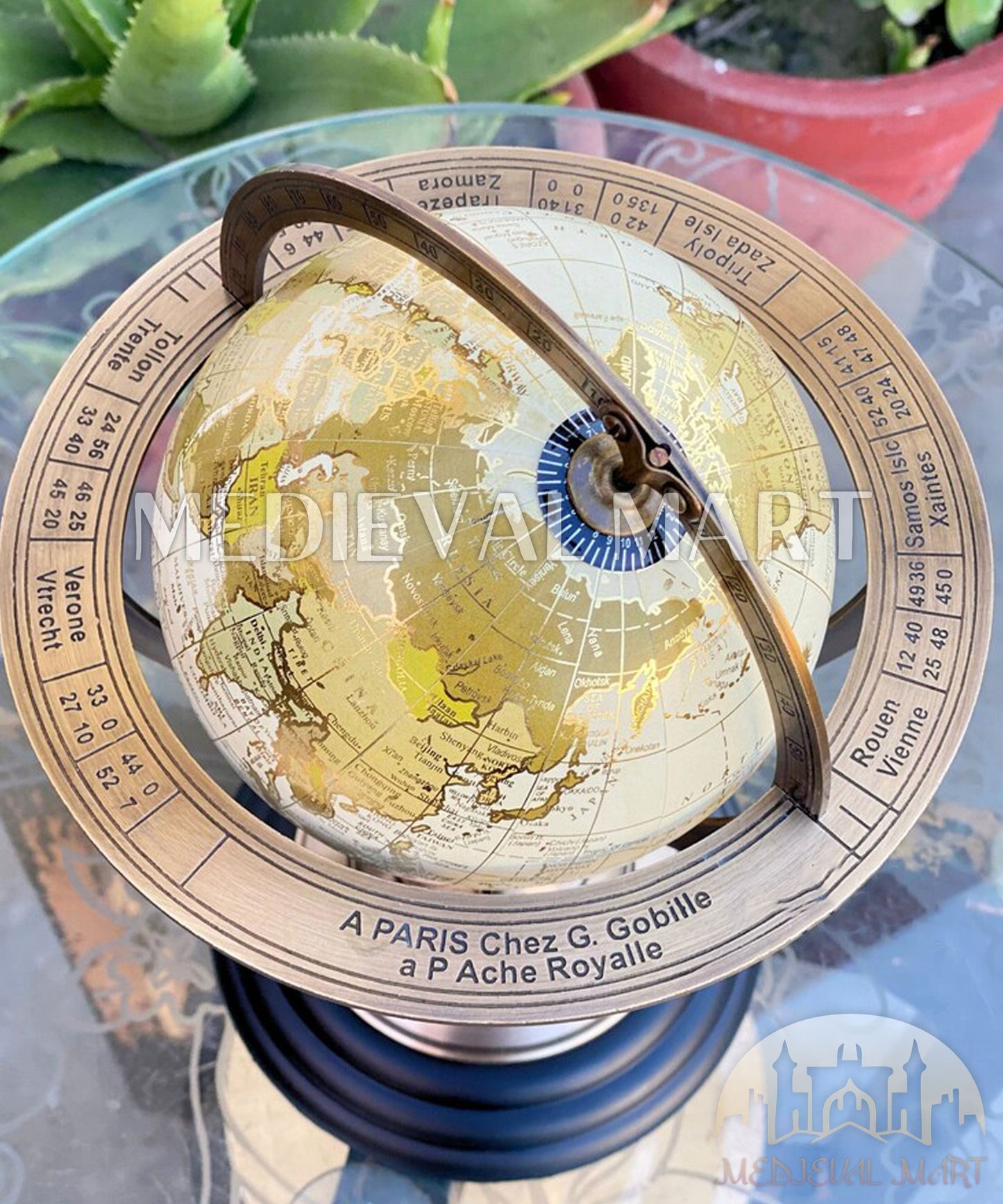 MEDIEVALMART Globe terrestre de table vintage en laiton fait main : Décoration de maison et de bureau de style antique, cadeau pour papa