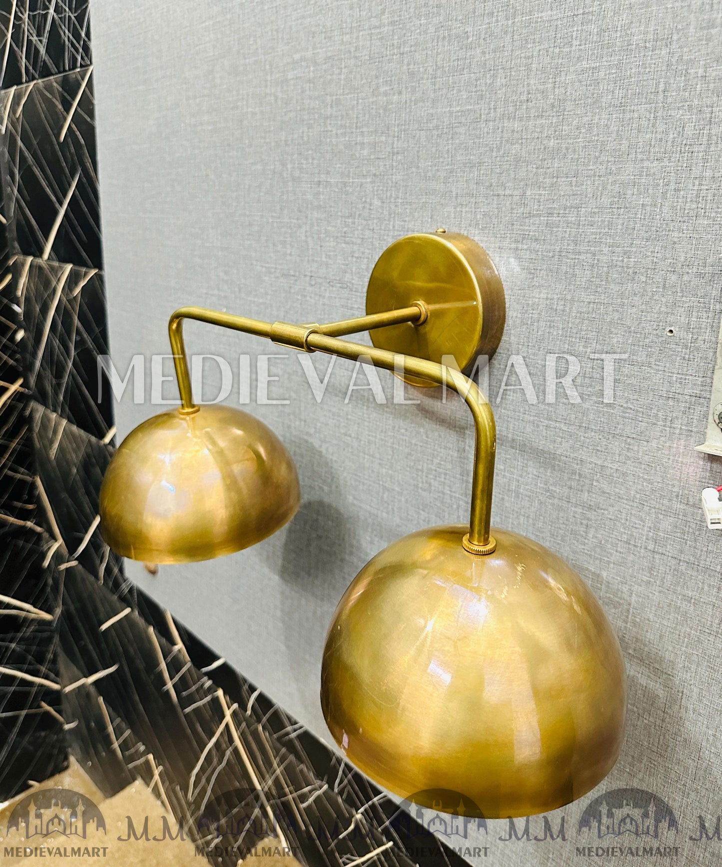 MEDIEVALMART 1950s Brass Double Dome Wall Sconce: Mid-Century Modern Industrial Light