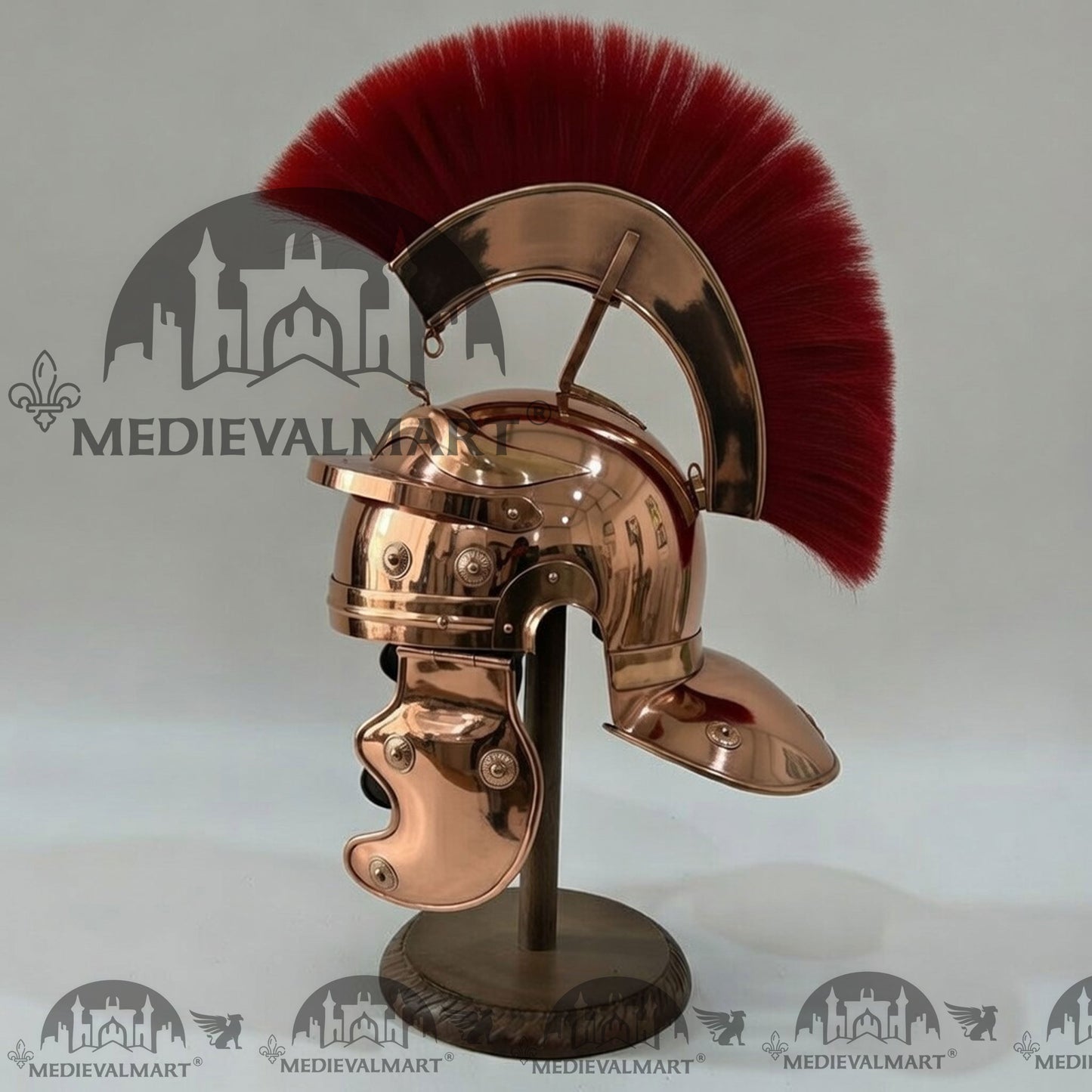 MEDIEVALMART Gallic Roman Centurion Copper Finish Helmet Replica Red Plume with Free Stand