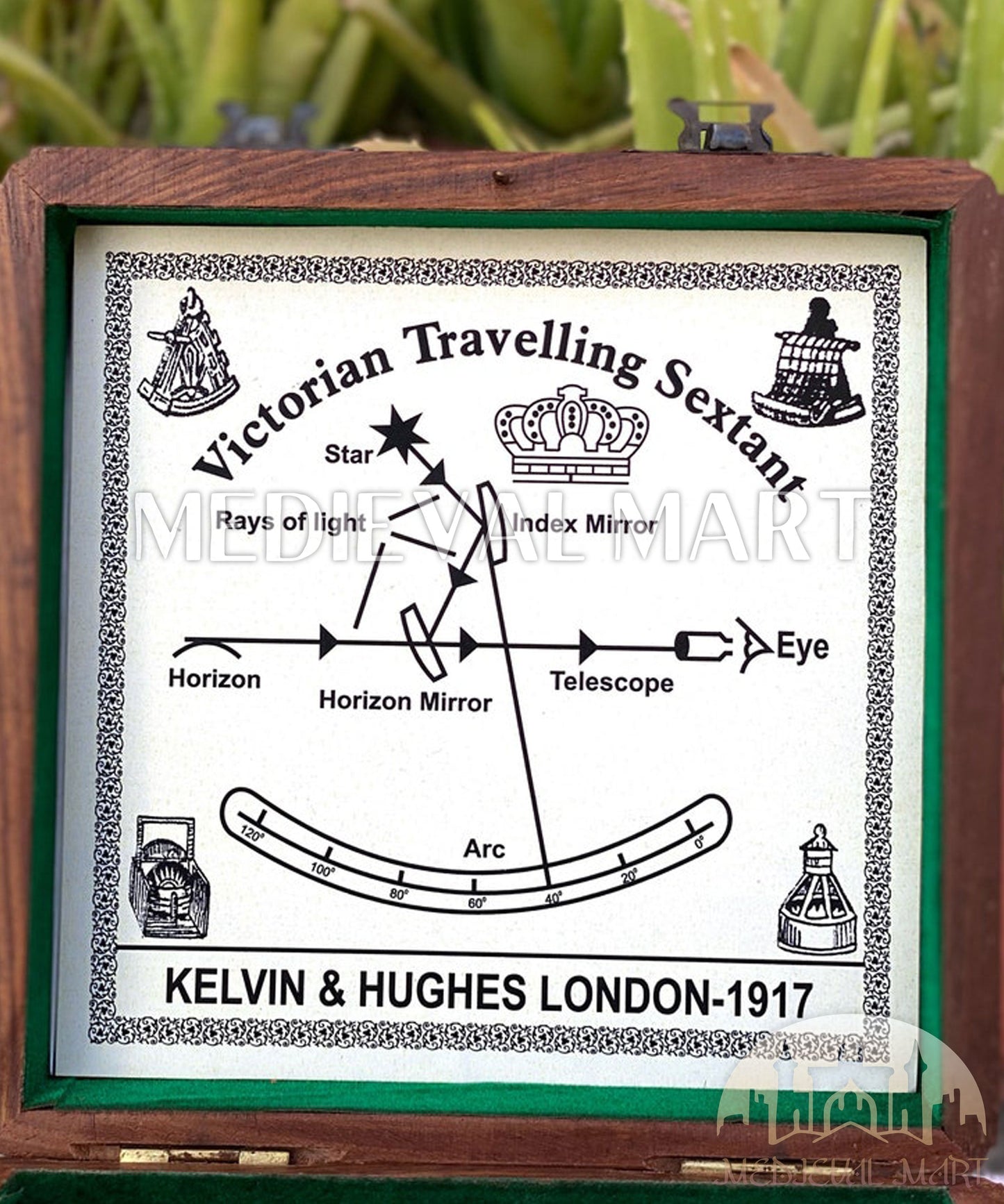 MEDIEVALMART Nautical Kelvin & Huges London 1917 Working Sextant W/H Wooden Box | Antique Maritime Navigational Instrument, Christmas Gifts