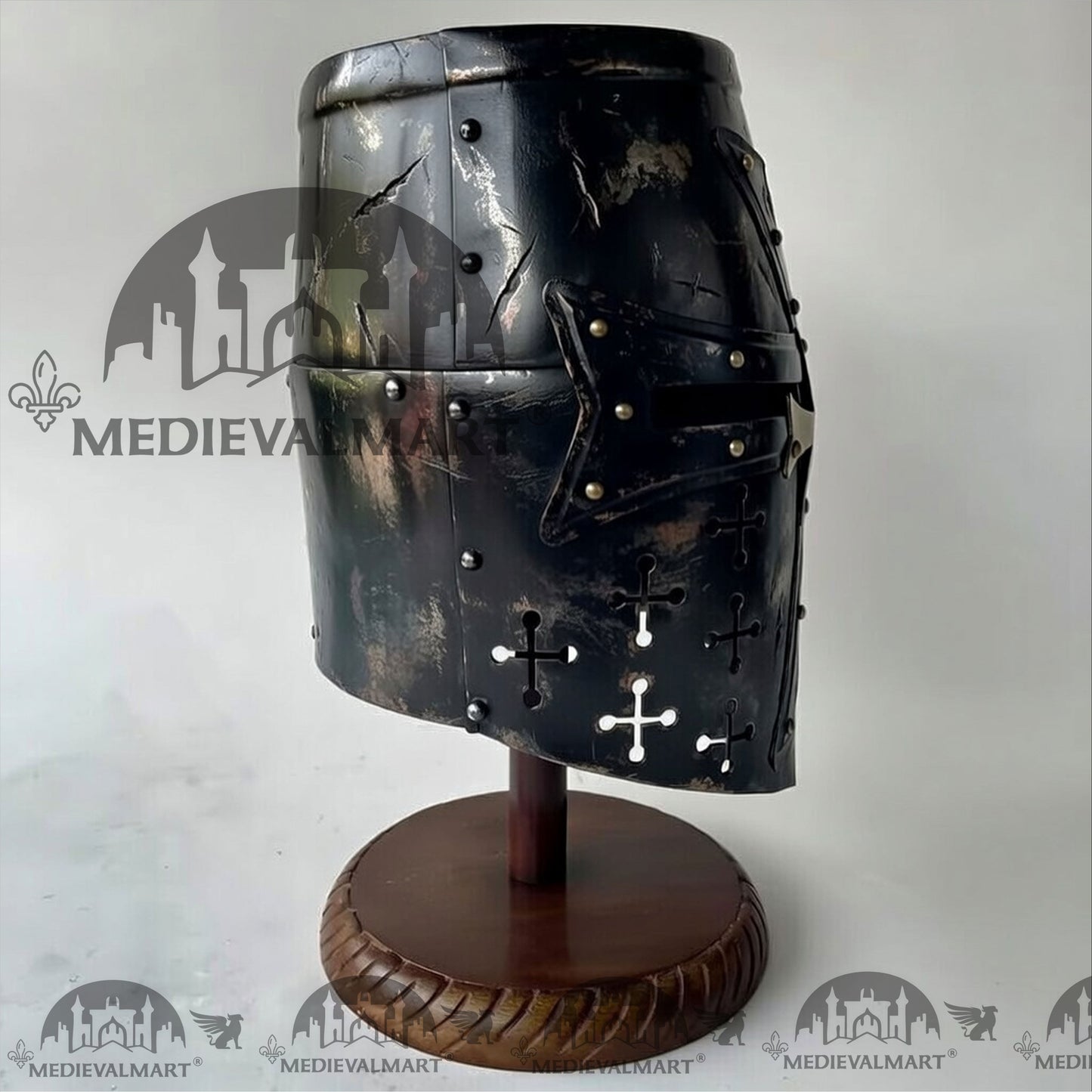 MEDIEVALMART Special Templar Crusader Knight Battle Damage Black Finish Helmet W/H Free Stand