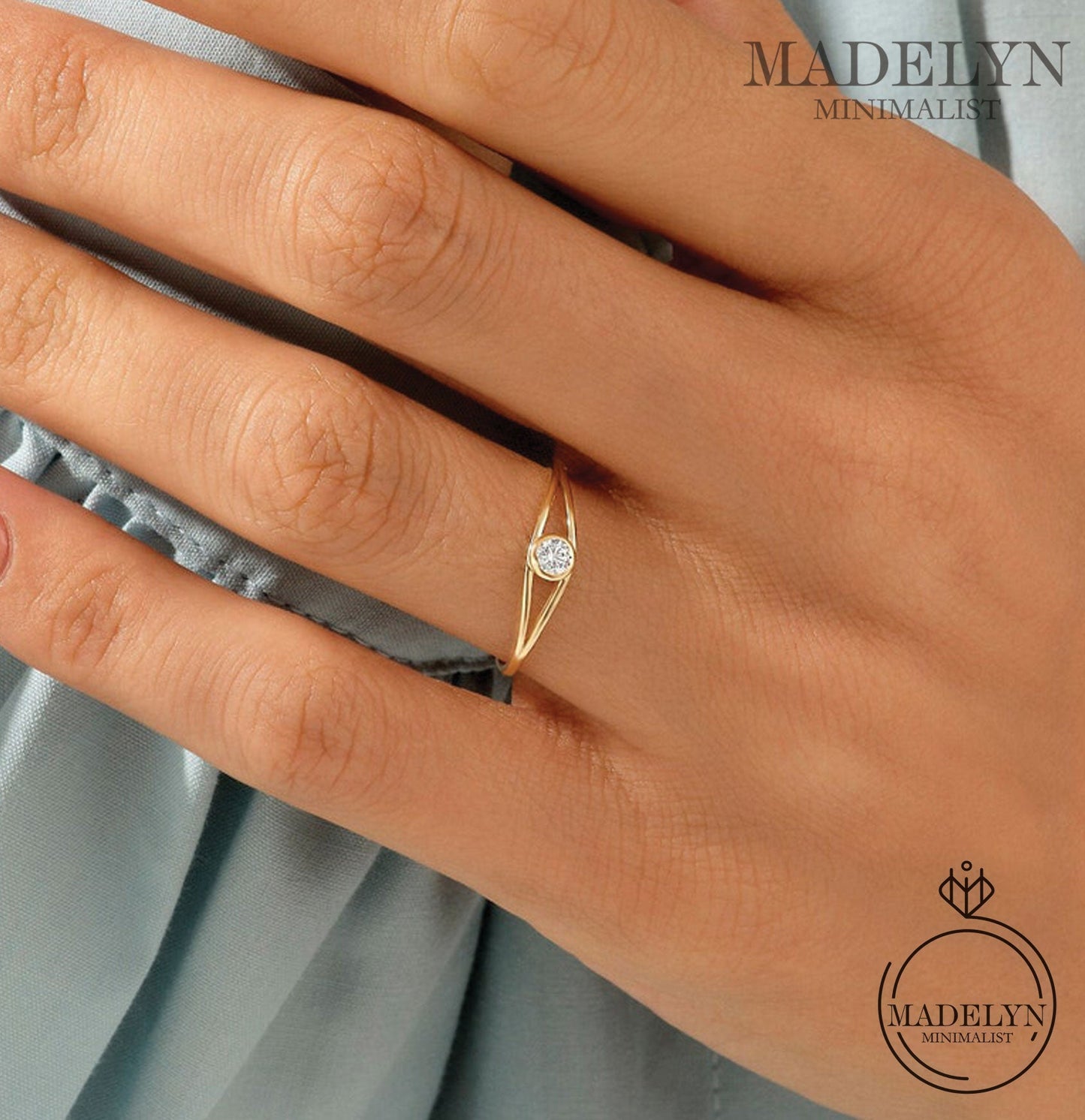 MADELYN MINIMALIST 14k Solid Gold Dainty Split Shank Solitaire Engagement Ring for Women | Gift For Mom