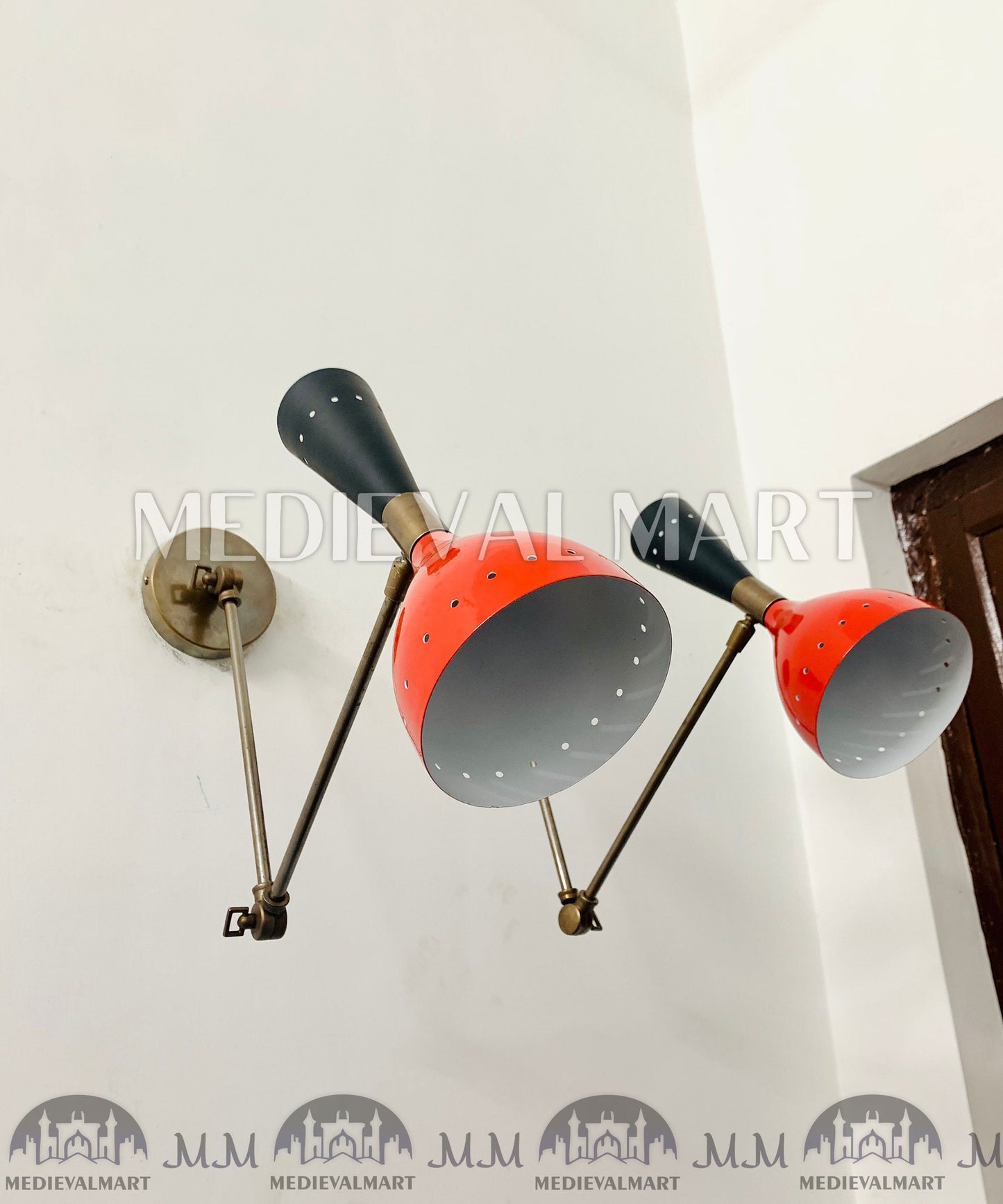 MEDIEVALMART Mid Century Italian Brass Wall Sconce Pair: Red & Black Stilnovo Light
