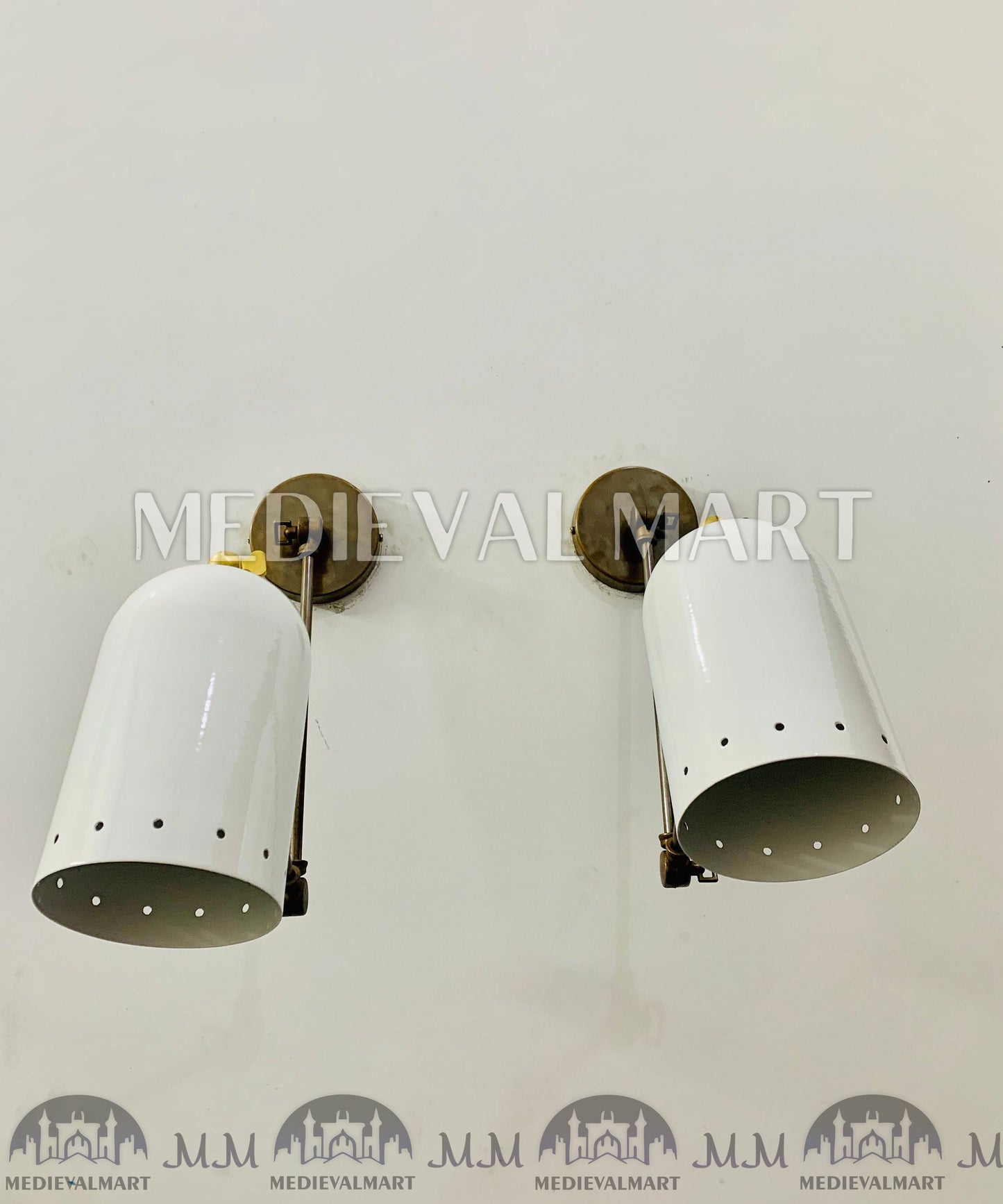 MEDIEVALMART Mid Century Italian Brass Diabolo Wall Sconce Pair - White 1950s Lighting