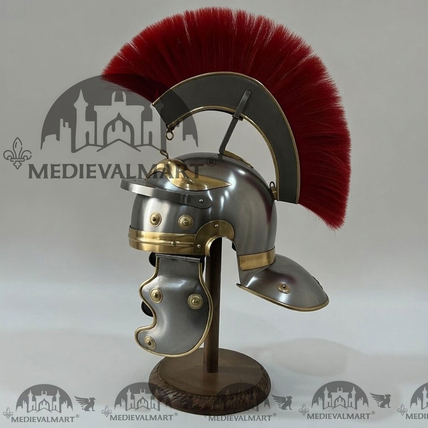 MEDIEVALMART Gallic Roman Centurion Silver Finish Helmet Replica Red Plume with Free Stand