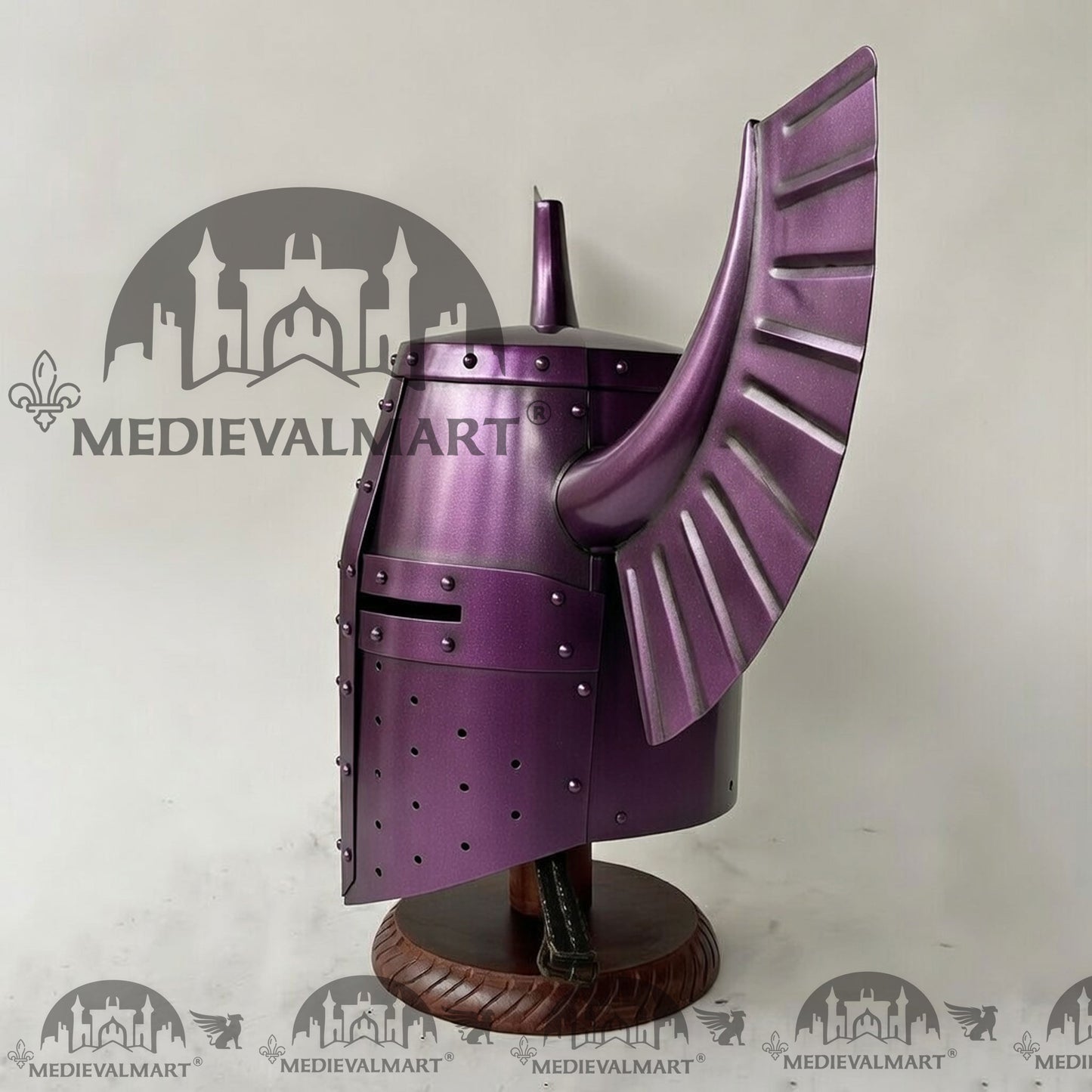 MEDIEVALMART Medieval Templar Warrior Teutonic Purple Finish Wing Helmet with Free Stand