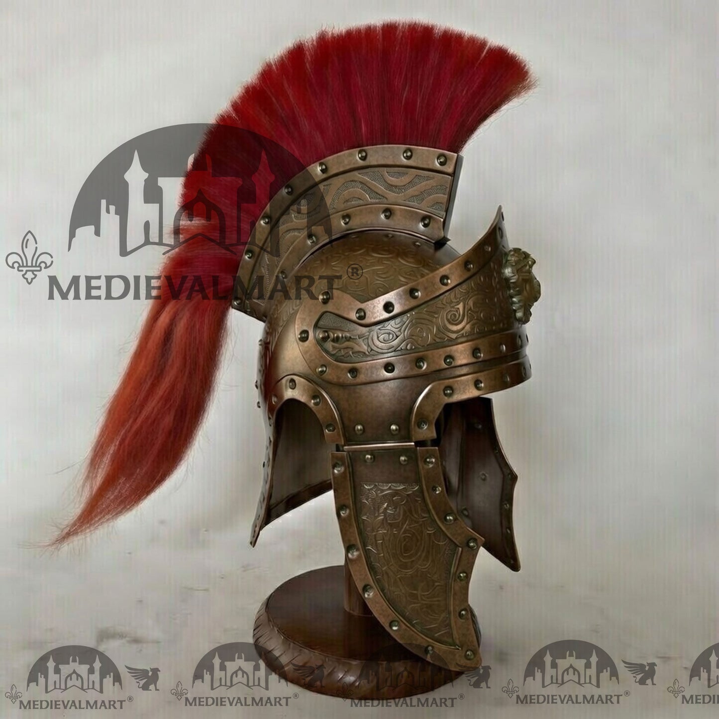 MEDIEVALMART Medieval Roman Centurion Antique Bronze Finish Helmet with Red Plume or Free Wooden Stand