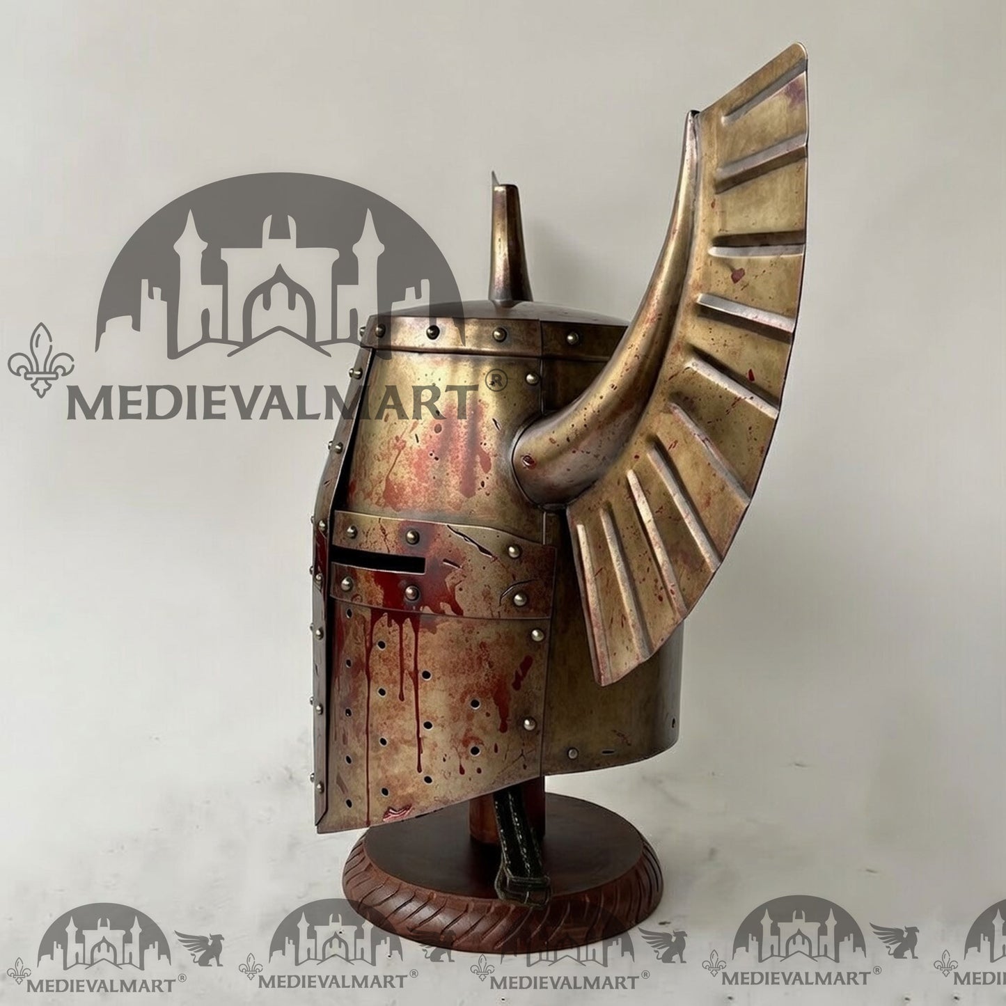 MEDIEVALMART Medieval Templar Warrior Teutonic Damage Gold W/H Blood Finish Finish Wing Helmet with Free Stand
