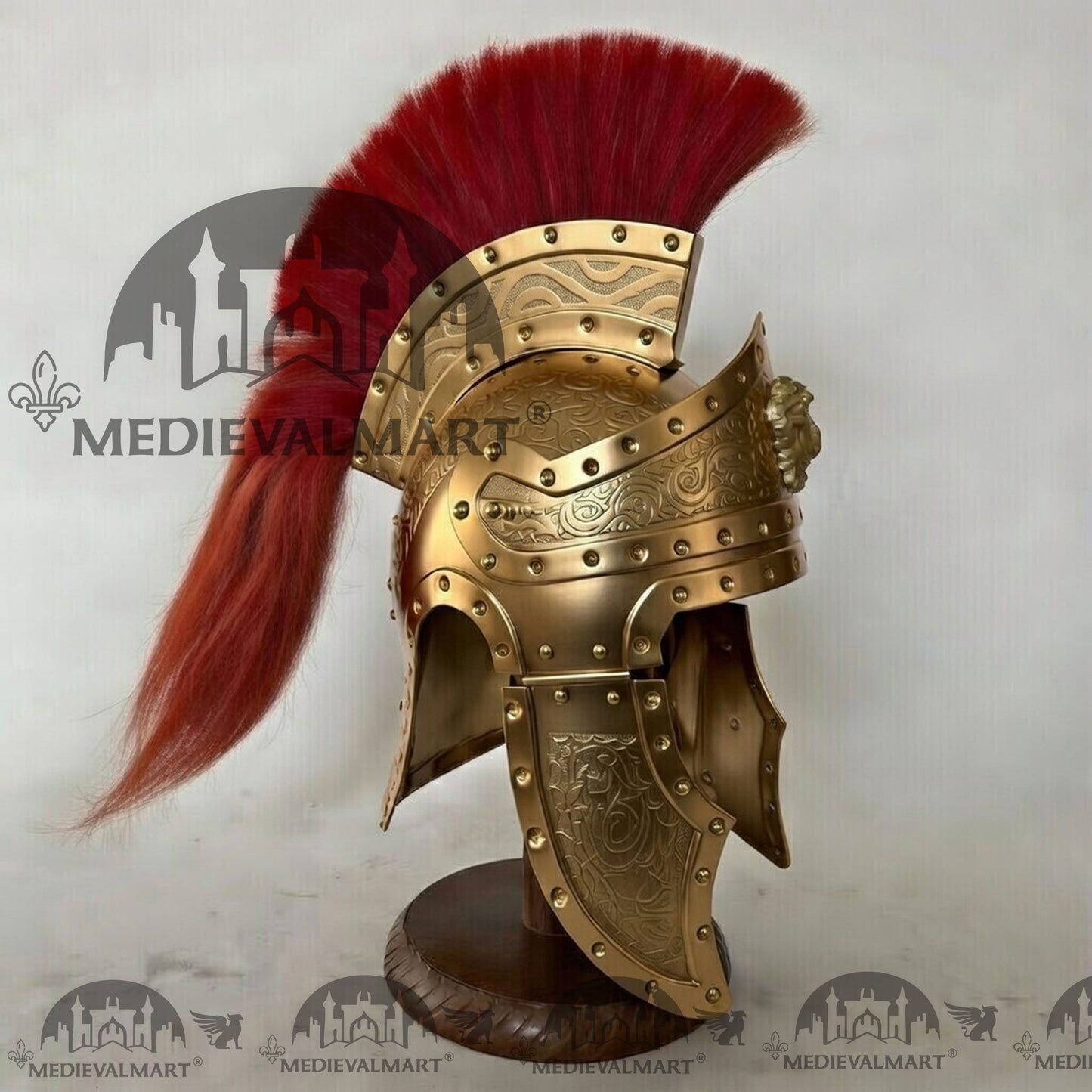 MEDIEVALMART Medieval Roman Centurion Gold Finish Helmet with Red Plume or Free Wooden Stand