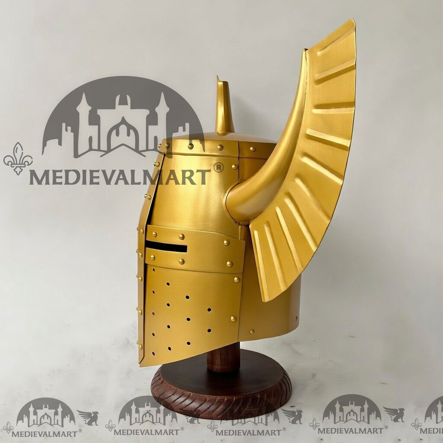 MEDIEVALMART Medieval Templar Warrior Teutonic Yellow Finish Wing Helmet with Free Stand