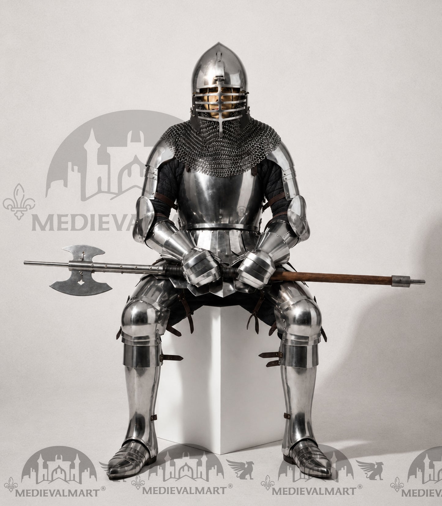 MEDIEVALMART 14th Century Knight Crusader-Era Transitional Plate Hybrid Armor W/H Wolf Ribs Bacinet & Pole Arms Hammer