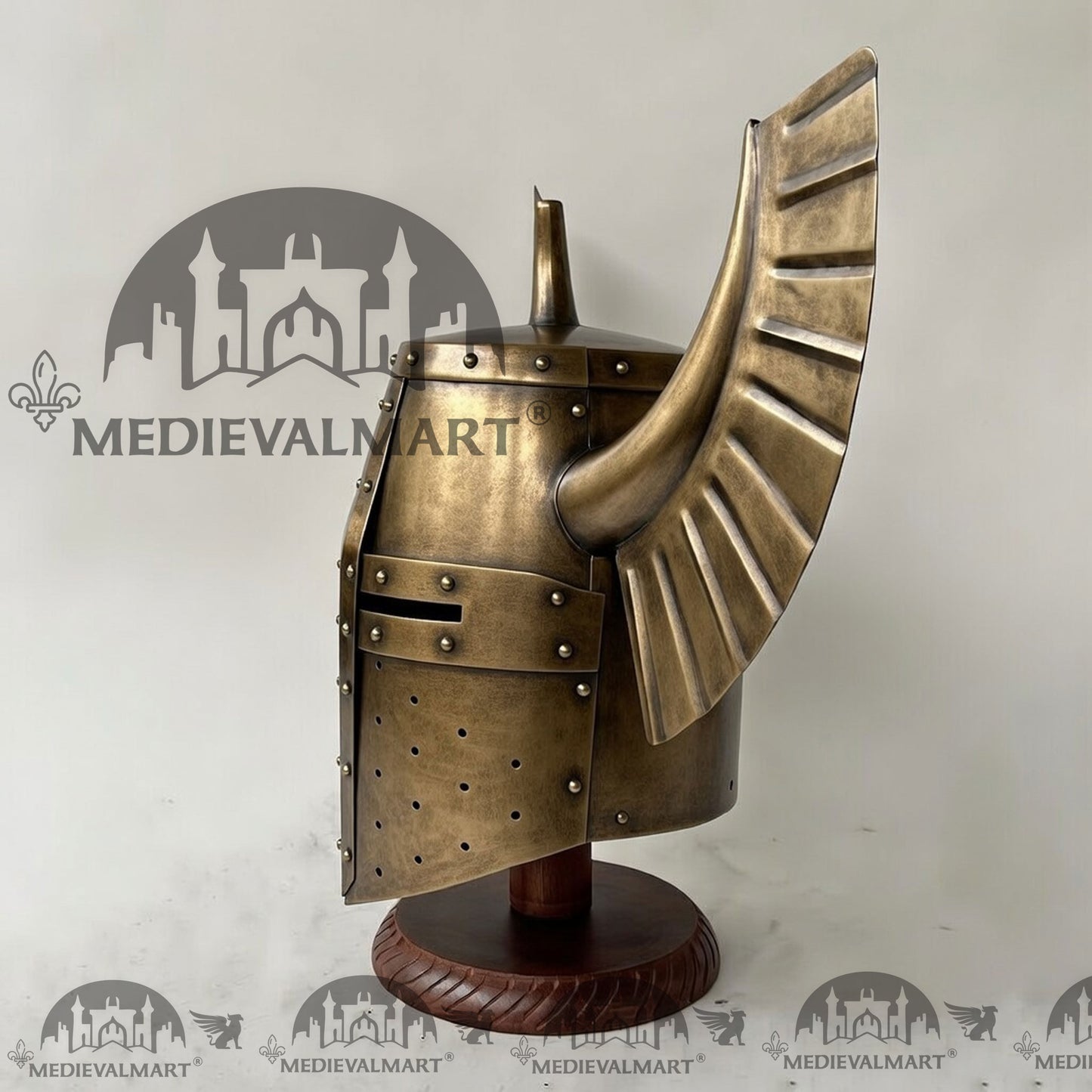 MEDIEVALMART Medieval Templar Warrior Teutonic Antique Gold Finish Wing Helmet with Free Stand