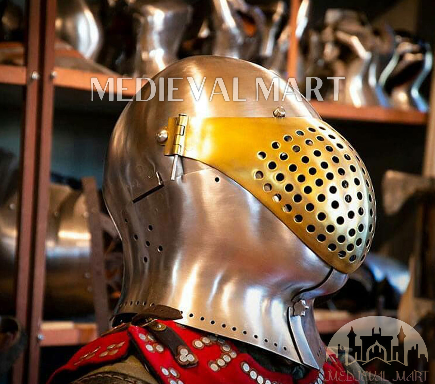 MEDIEVALMART British Ancient Battle Ready Warrior Bicoque Kasten-brust Helmet with Brass Face Mask