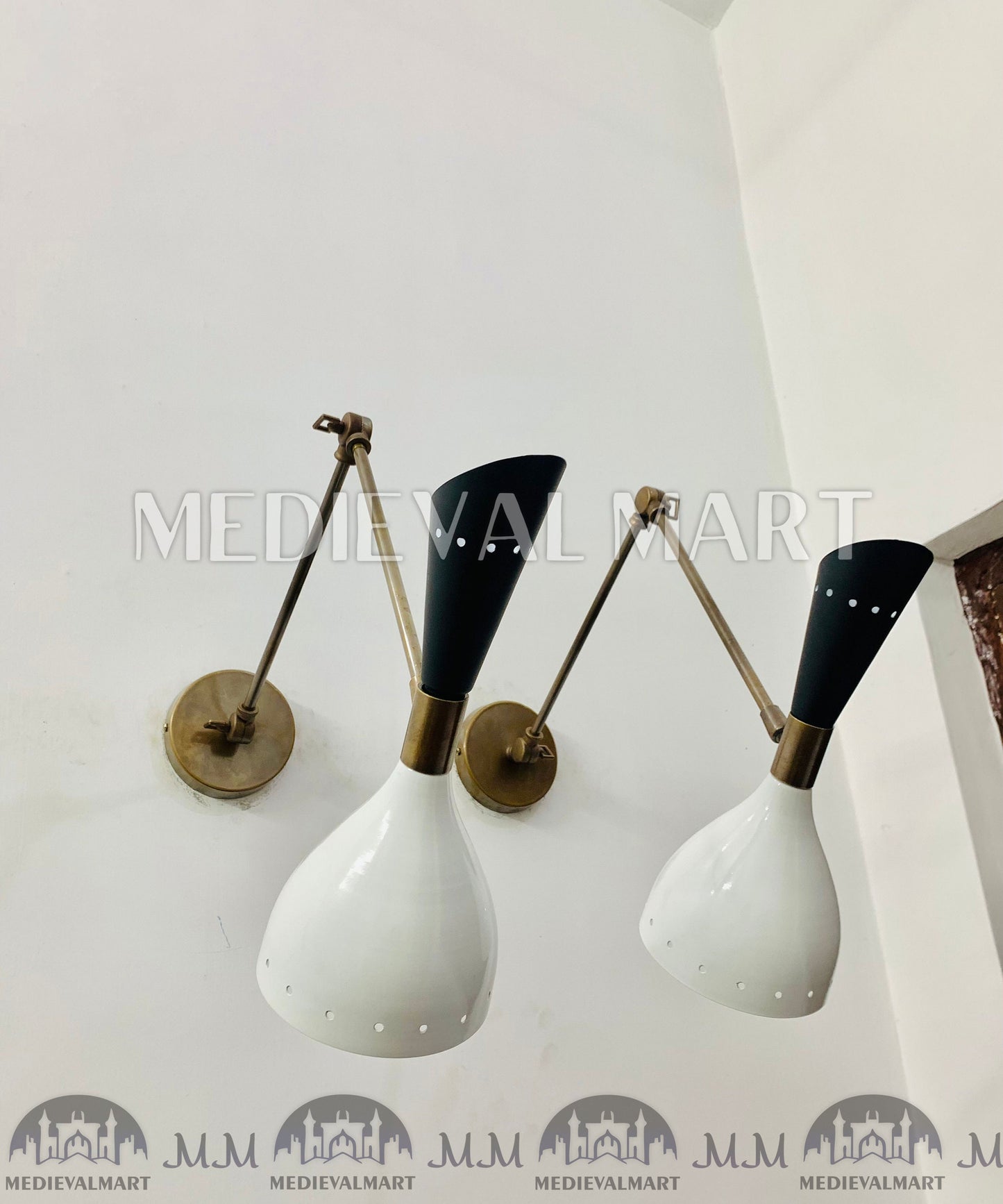 MEDIEVALMART Handmade Mid Century Brass Wall Sconce Pair: Italian Stilnovo Lighting