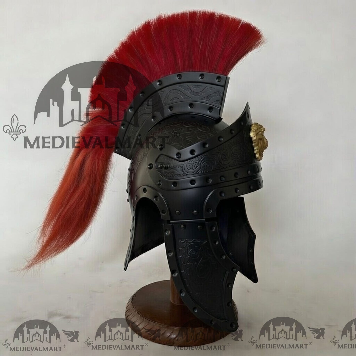 MEDIEVALMART Medieval Roman Centurion Black Finish Helmet with Red Plume or Free Wooden Stand