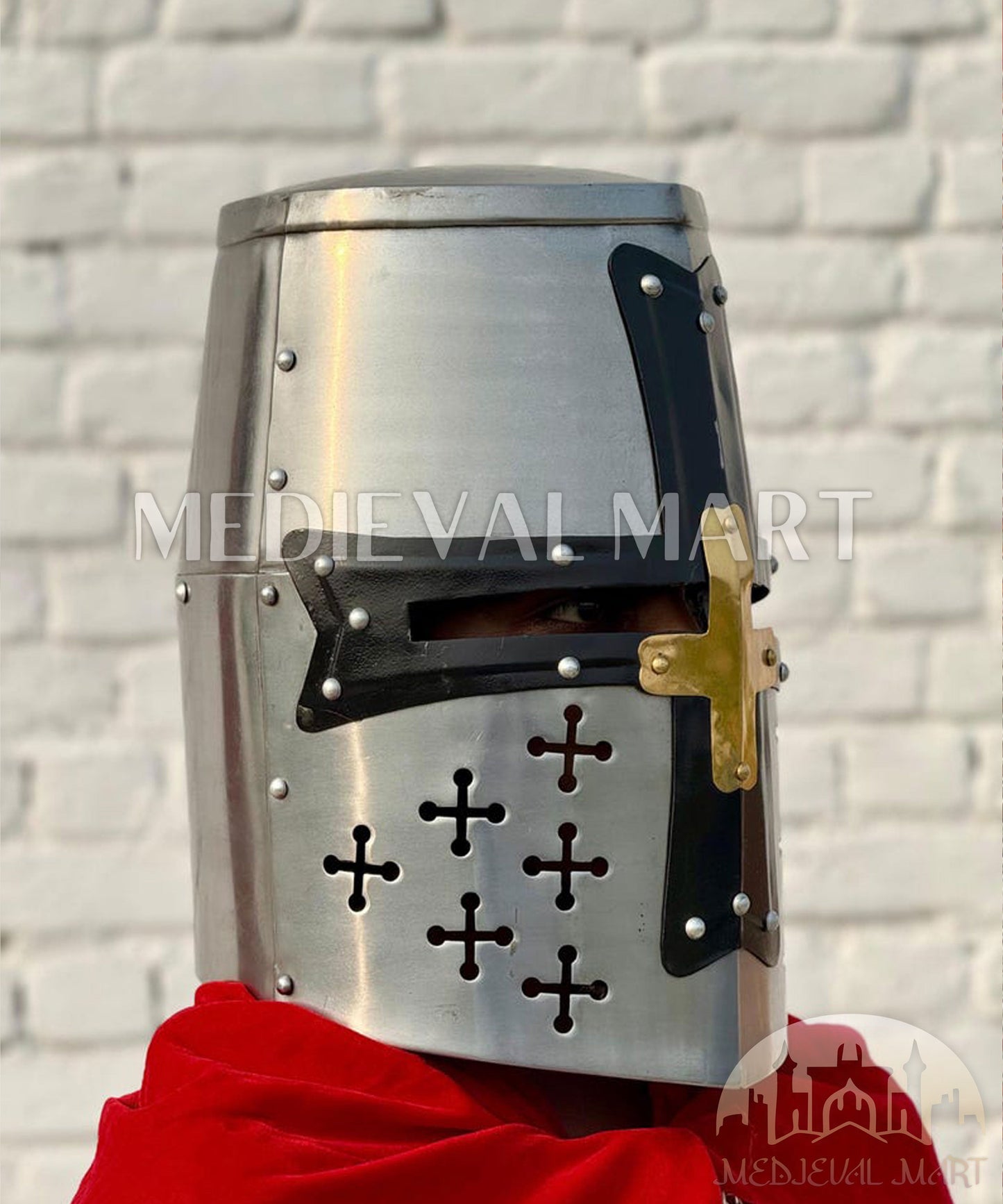 MEDIEVALMART Medieval Great Templar Crusader Knight Helmet W/H Black & Brass Deco for LARP or Cosplay - Gift For Dad