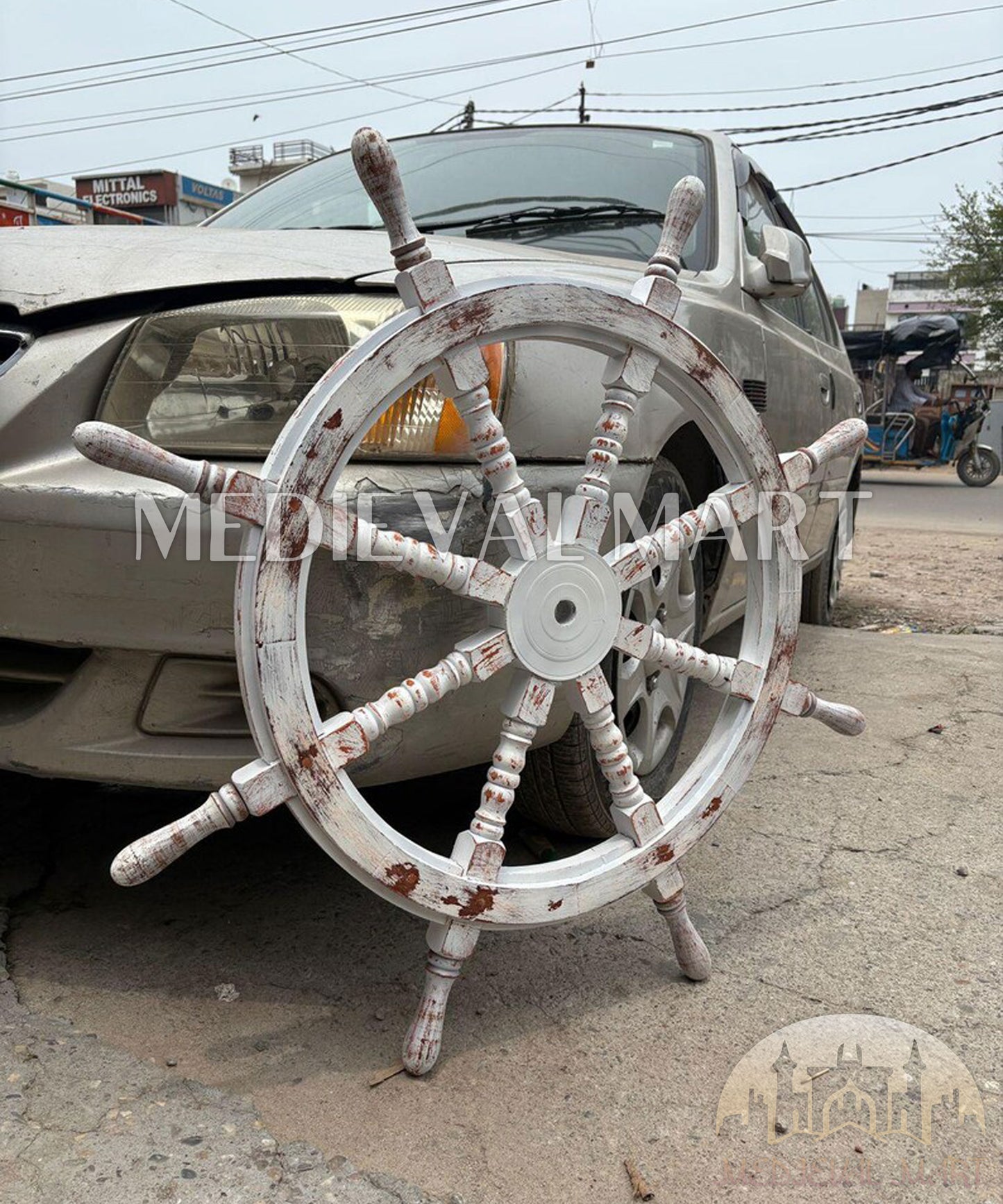 MEDIEVALMART Nautical Wooden "White Damaged" Ship Wheel for Wall Decor
