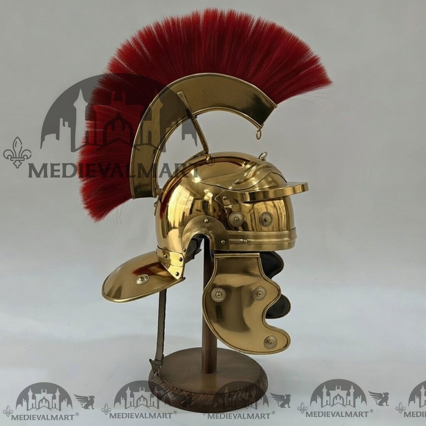 MEDIEVALMART Gallic Roman Centurion Gold Finish Helmet Replica Red Plume with Free Stand