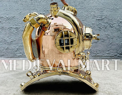 MEDIEVALMART High Textured Copper brass Diving Helmet With Wooden Base