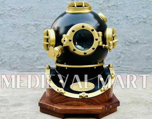 MEDIEVALMART Black Finish Diving Helmet With Wooden Base