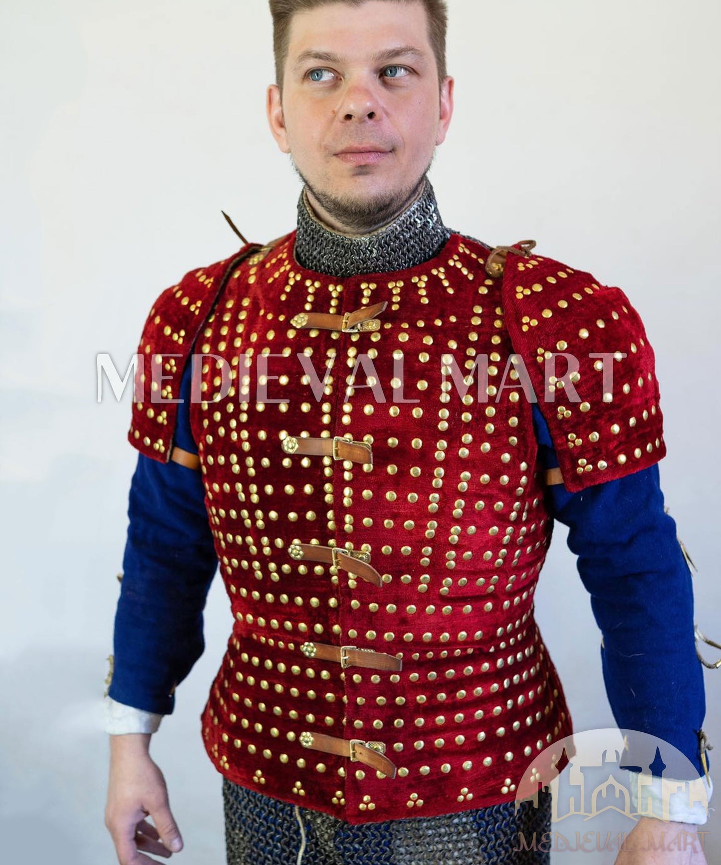 MEDIEVALMART Historical Spanish Renaissance PREMIUM Red Brigandine Jacket Armor W/H Brigandine Spaulders Best for Unisex For Halloween Day