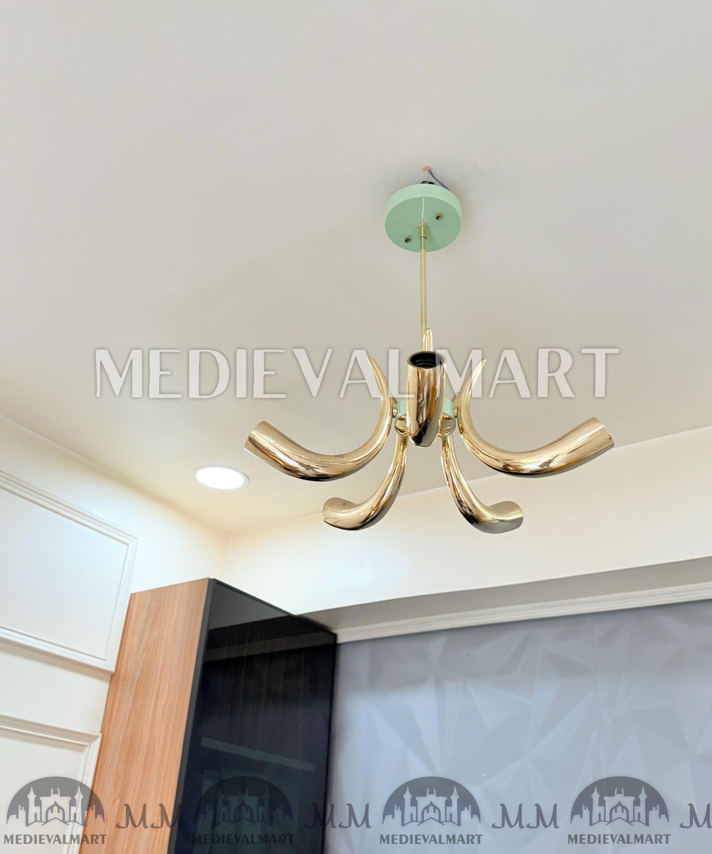 MEDIEVALMART Handmade Brass 5-Arm Chandelier | Mid-Century Modern Light Fixture