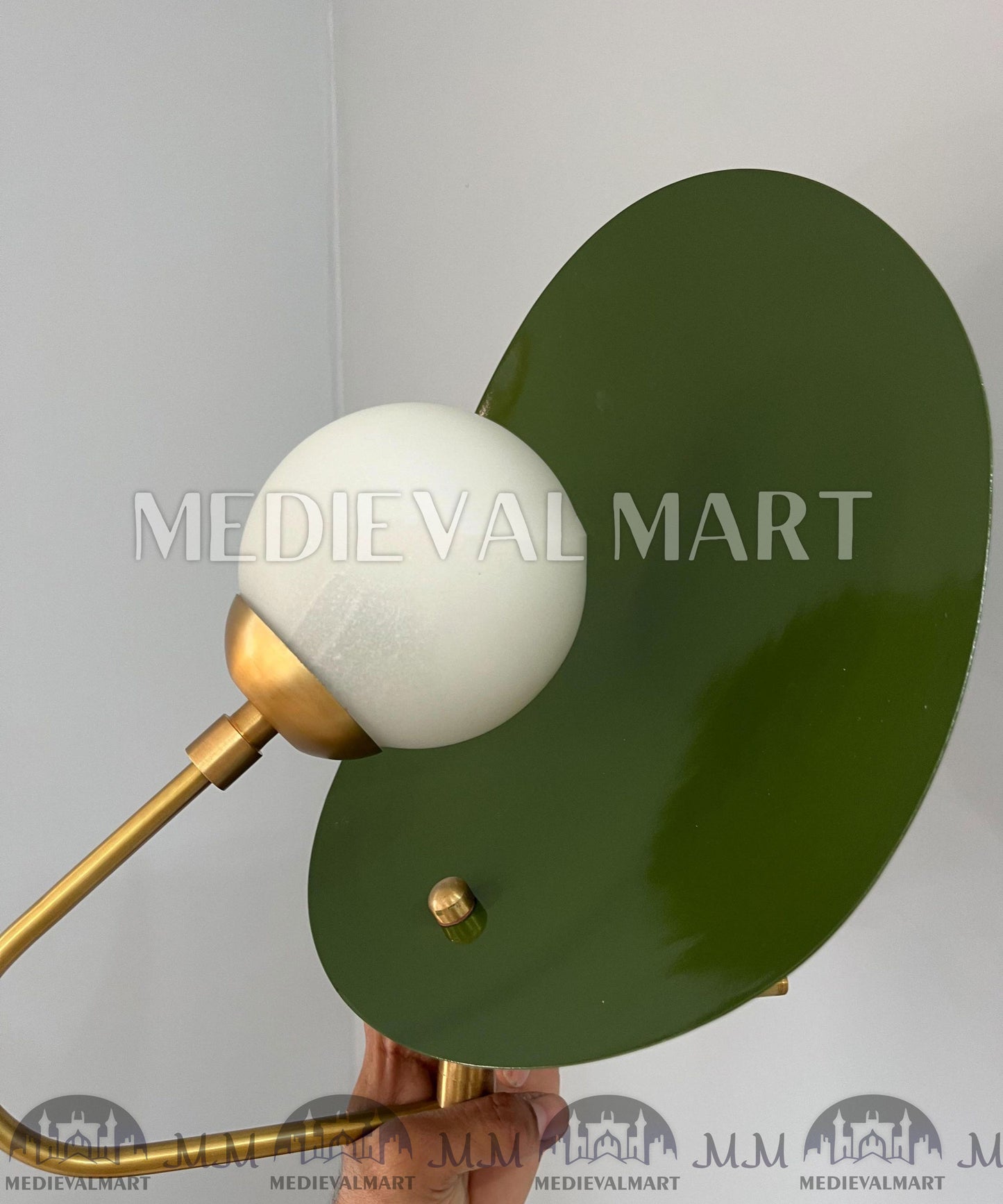 MEDIEVALMART Handmade Brass Wall Sconce: Mid-Century Modern Green Shade Lighting