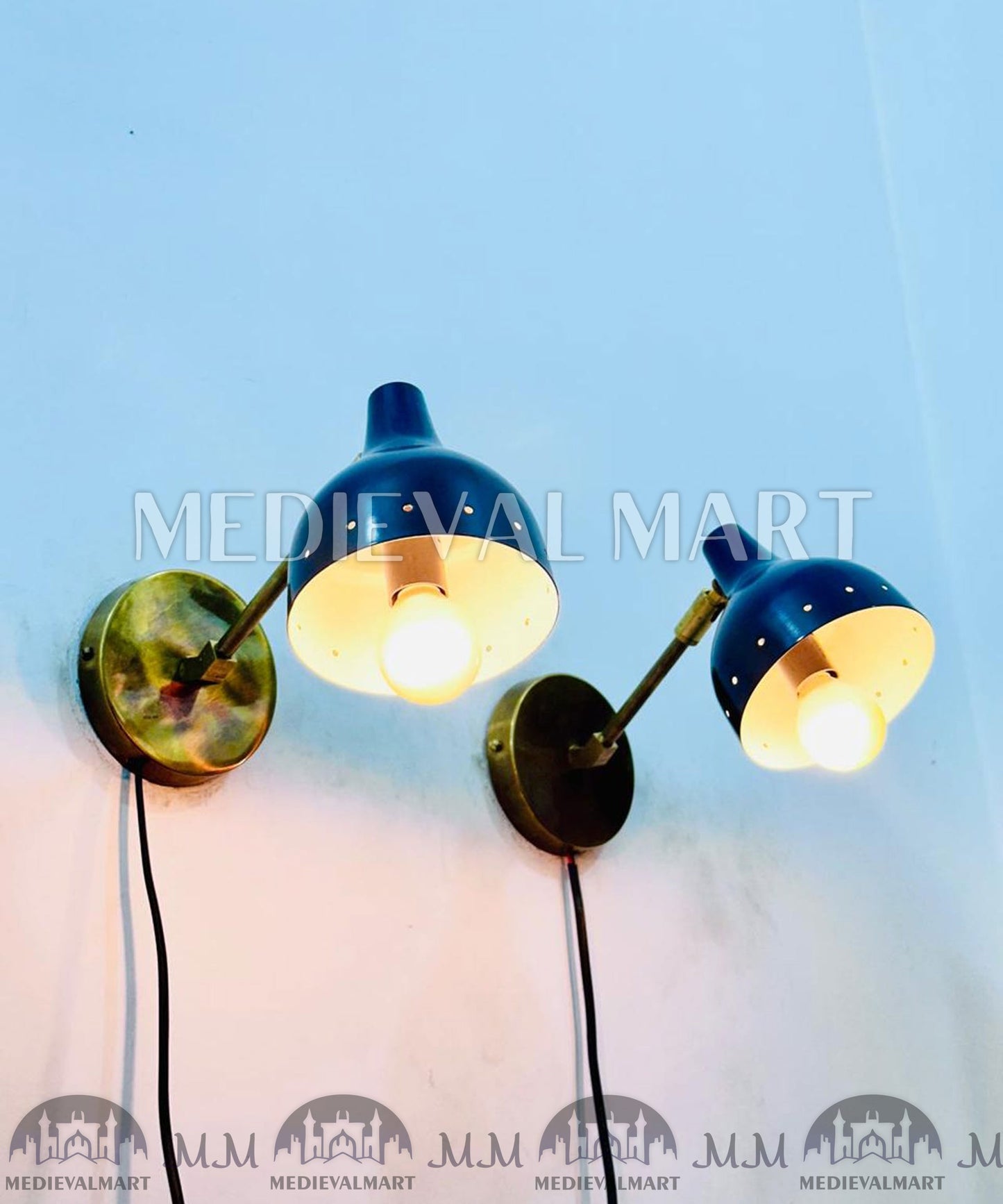 MEDIEVALMART Mid Century Brass Diabolo Wall Sconce: Navy Blue Adjustable Light (Set of Two)